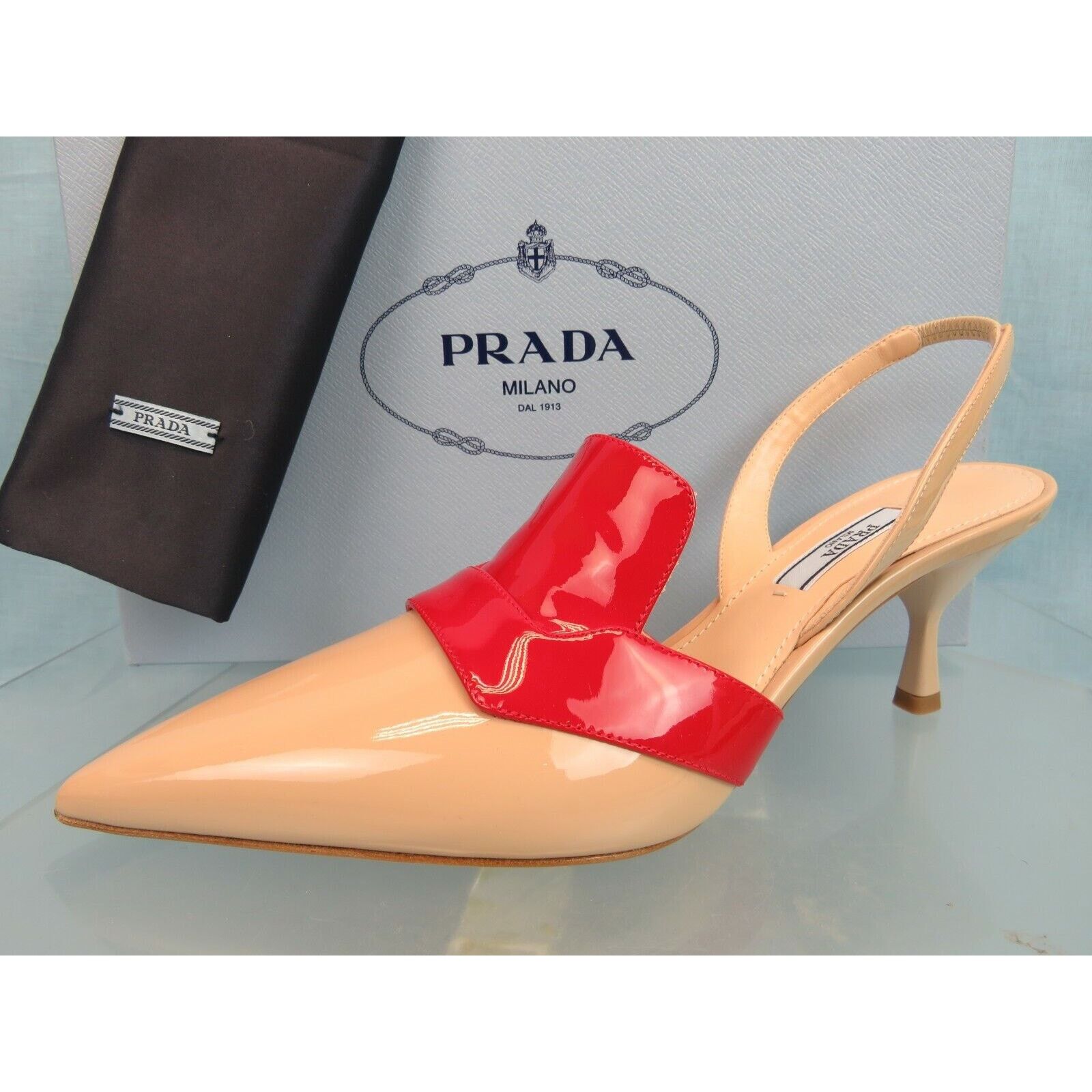 Prada 1I270L BEIGE RED PATENT LEATHER POINTED TOE MULES PUMPS 39 Size US 9 / IT 39 - 3 Thumbnail