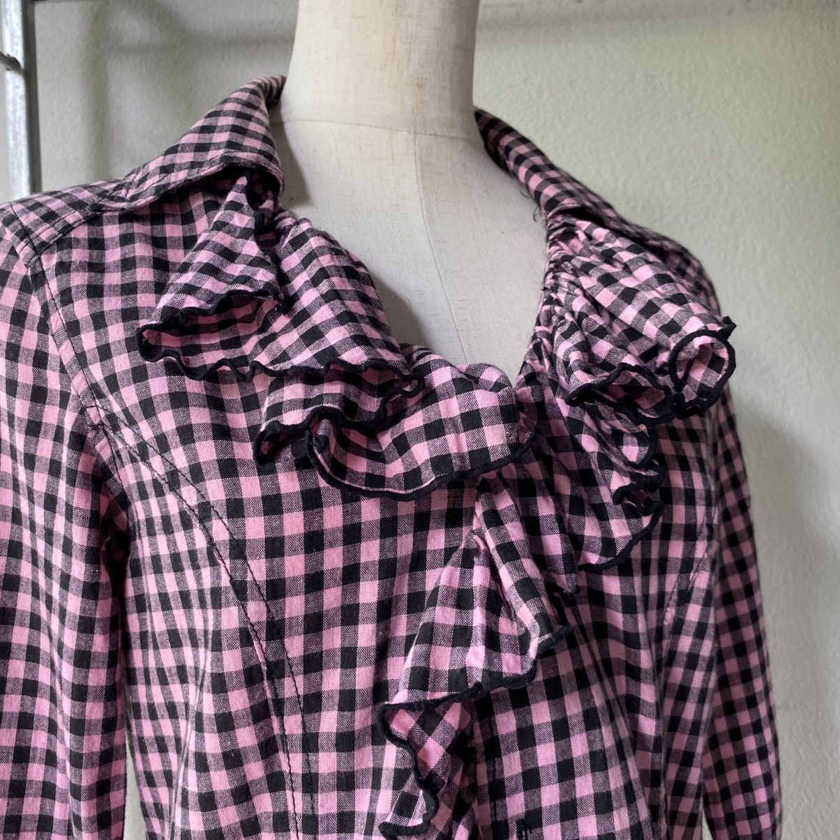 Japanese Brand ALGONGUINS Y2K Punk Pink Black Gingham Ruffle Blouse Size M / US 6-8 / IT 42-44 - 5 Thumbnail