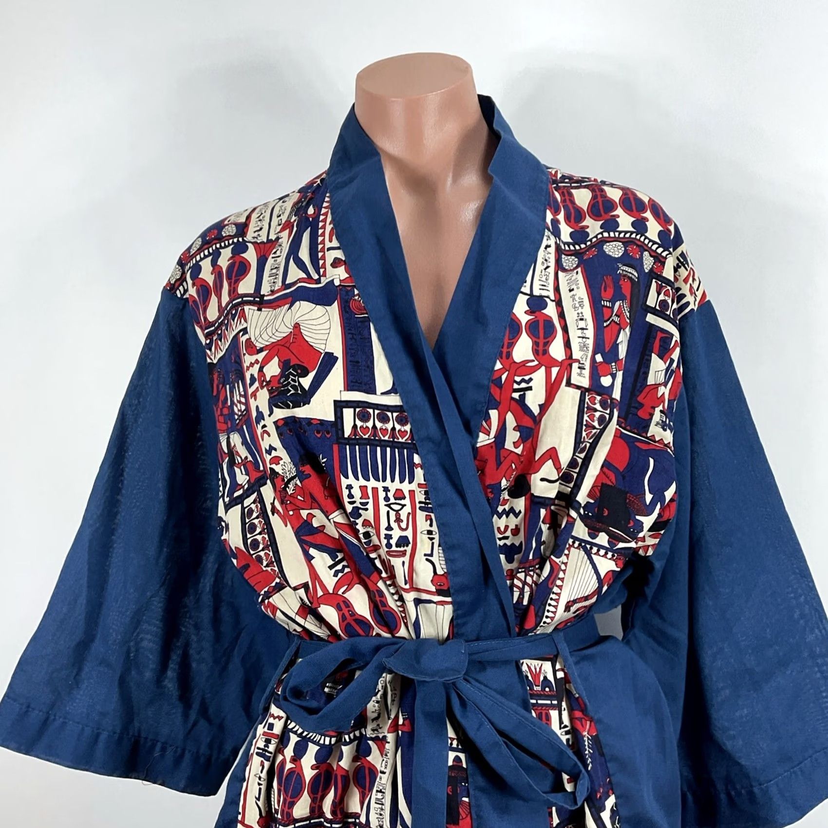 Vintage VINTAGE Montgomery Ward Smoking Jacket Belted Robe L Egyptian Print 70s Blue Robe Mens Size US 33 - 3 Thumbnail