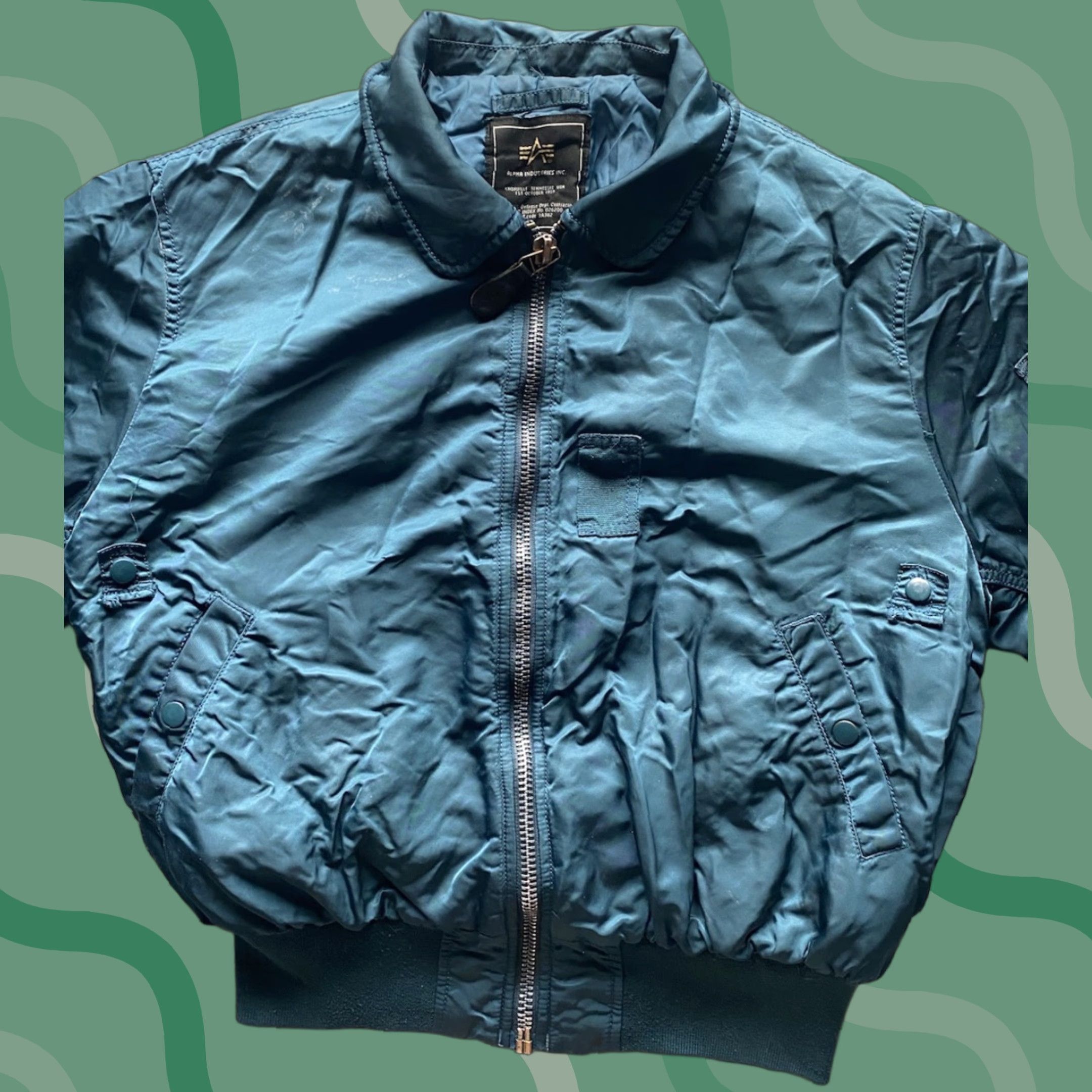 Vintage Alpha Industries Flying Jacket Flight Flyers Green Men’s Large Missing Collar Mens Size US L / EU 52-54 / 3 - 1 Thumbnail