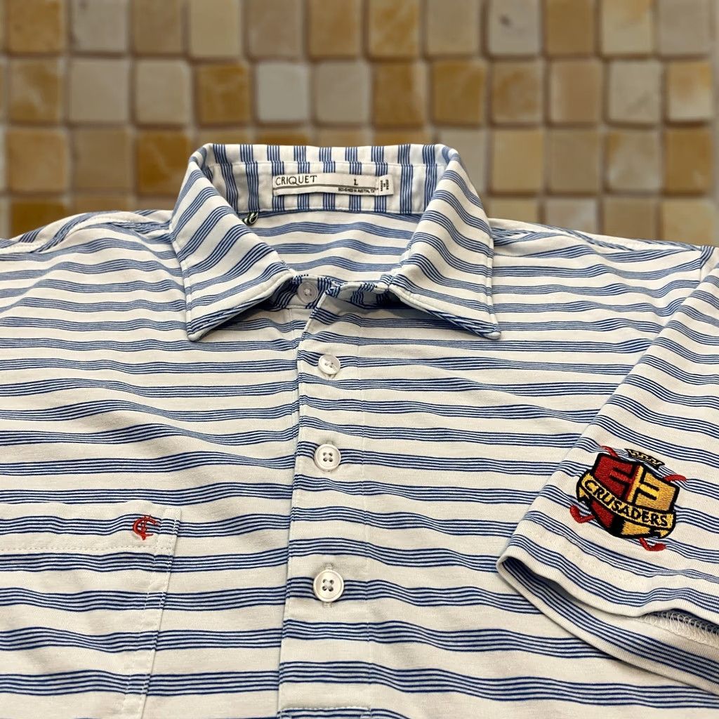 Vintage Criquet Polo Shirt Mens Large Blue Stripe Crusaders Crest Pima Cotton Golf Size US L / EU 52-54 / 3 - 1 Thumbnail