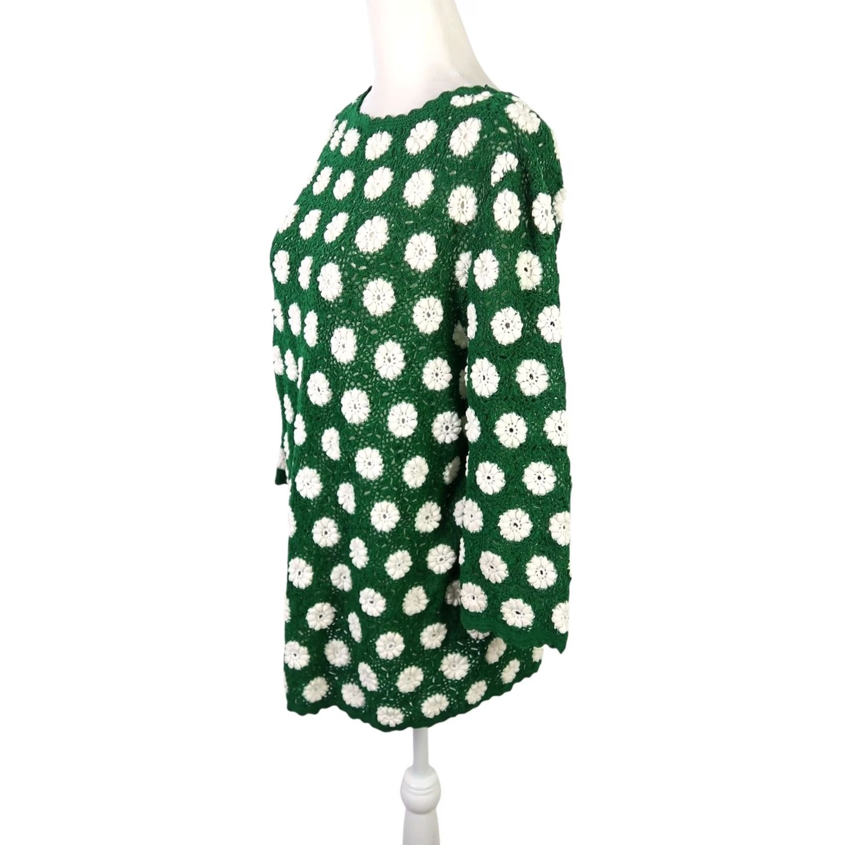 Vintage VINTAGE Sweater Floral Crochet Knit Dark Green White L Womens Long Sleeve Pullover Acrylic Bohemian Hippie 70s Size L / US 10 / IT 46 - 3 Thumbnail