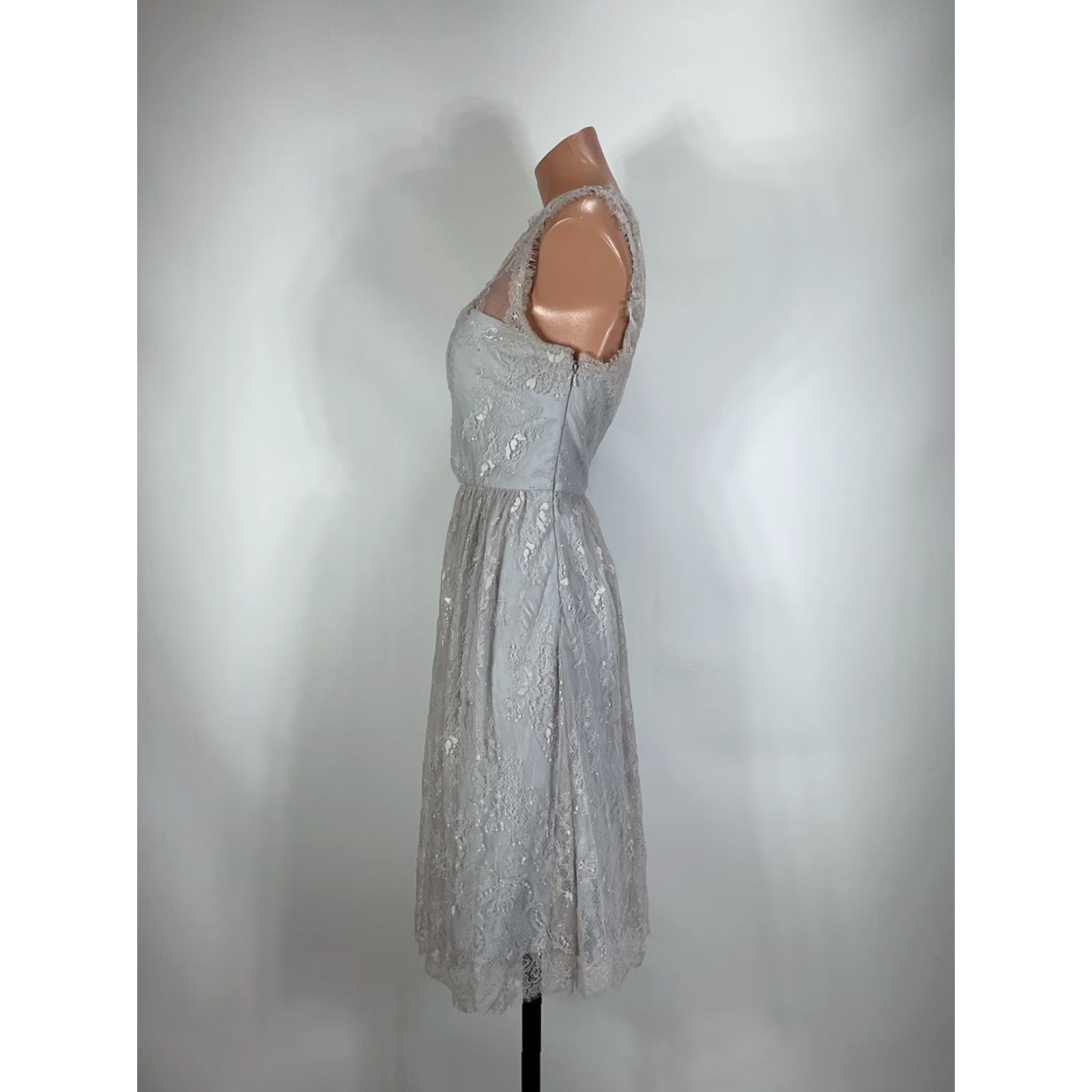 VINTAGE Anthropologie Hitherto 12 Celia Lace Bridesmaid Cocktail Dress  Semi-Sheer Flowy Sleeveless Silver Lace Dress