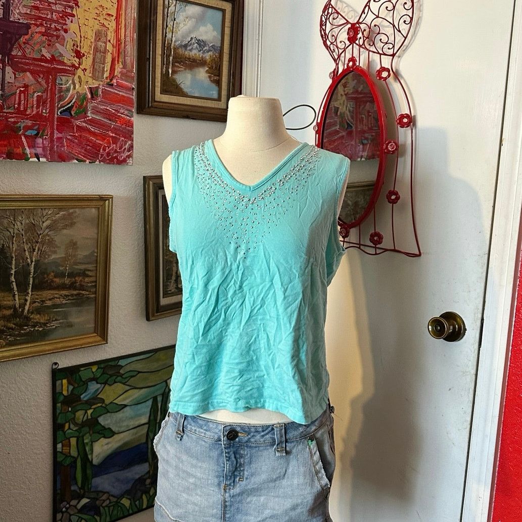Other stained no brand blue bedazzled tank top Size L / US 10 / IT 46 - 1 Thumbnail