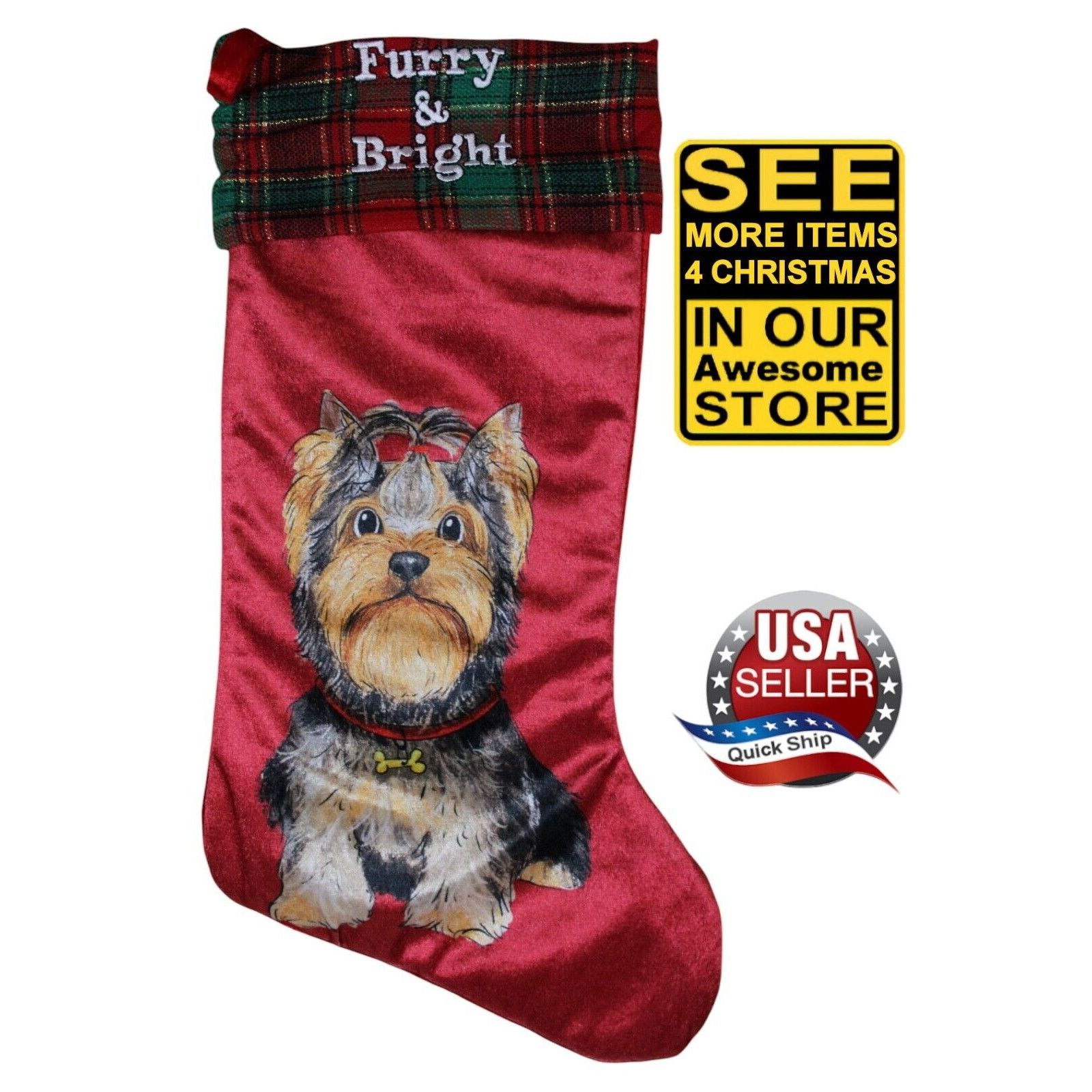 Other Christmas Stocking • Yorkshire Terrier • Tartan Plaid Top Size ONE SIZE - 1 Thumbnail