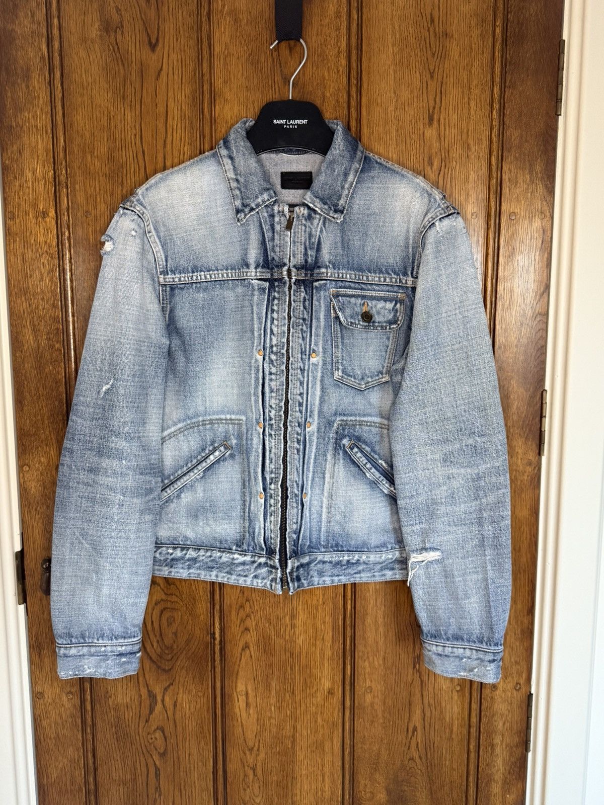 SS22 Saint Laurent zip distressed denim trucker jacket 50