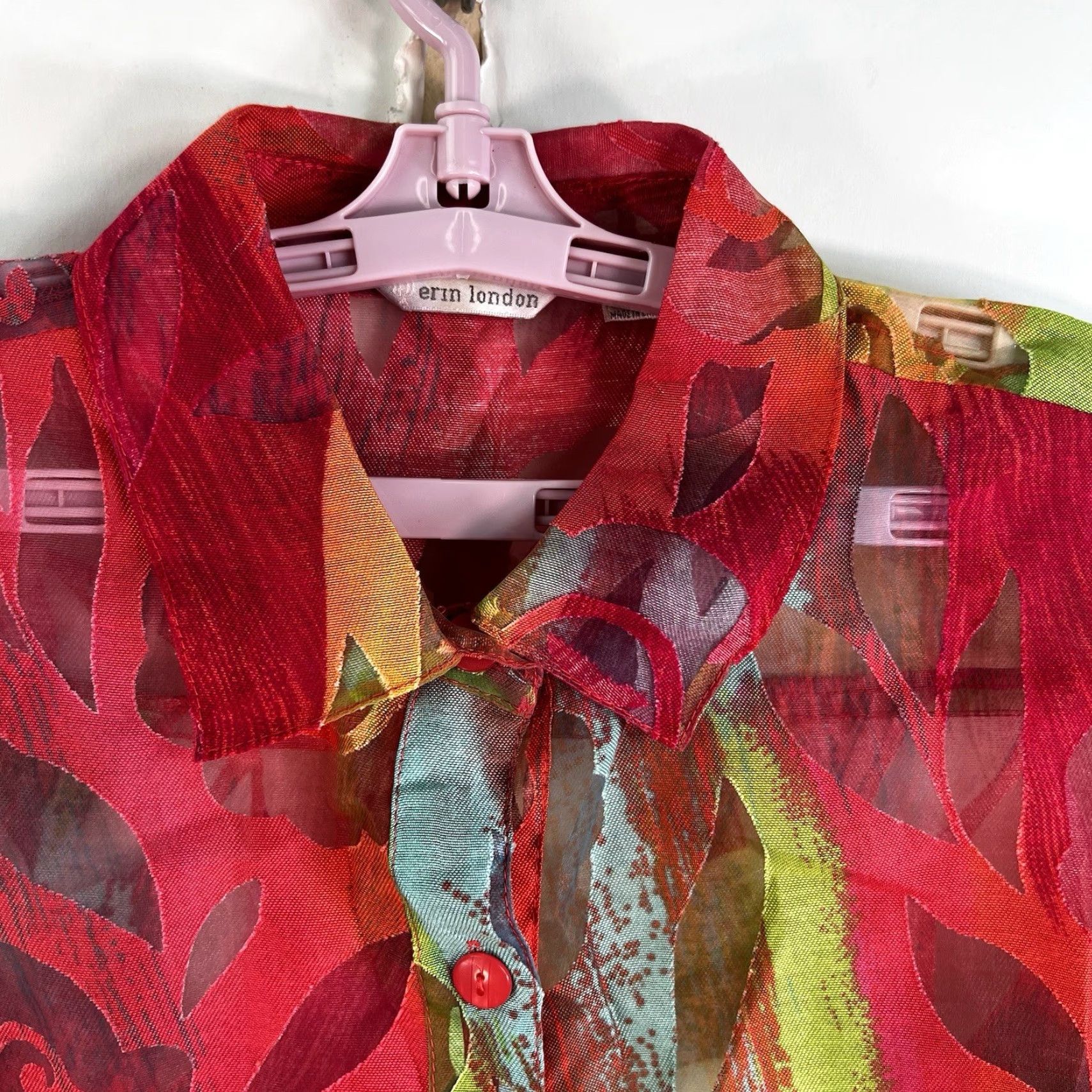 Vintage Erin London Blouse Button-Up Floral Linen Blend Shear Red Size 8 Size M / US 6-8 / IT 42-44 - 3 Thumbnail