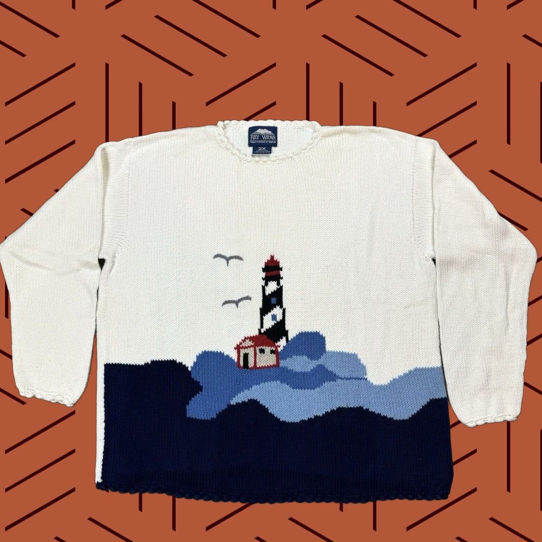 Vintage VINTAGE 90s Rey Wear Hand Knit Cotton Lighthouse Ocean Graphic Sweater Womens 2X Large Size XXL / US 16-18 / IT 52-54 - 1 Thumbnail