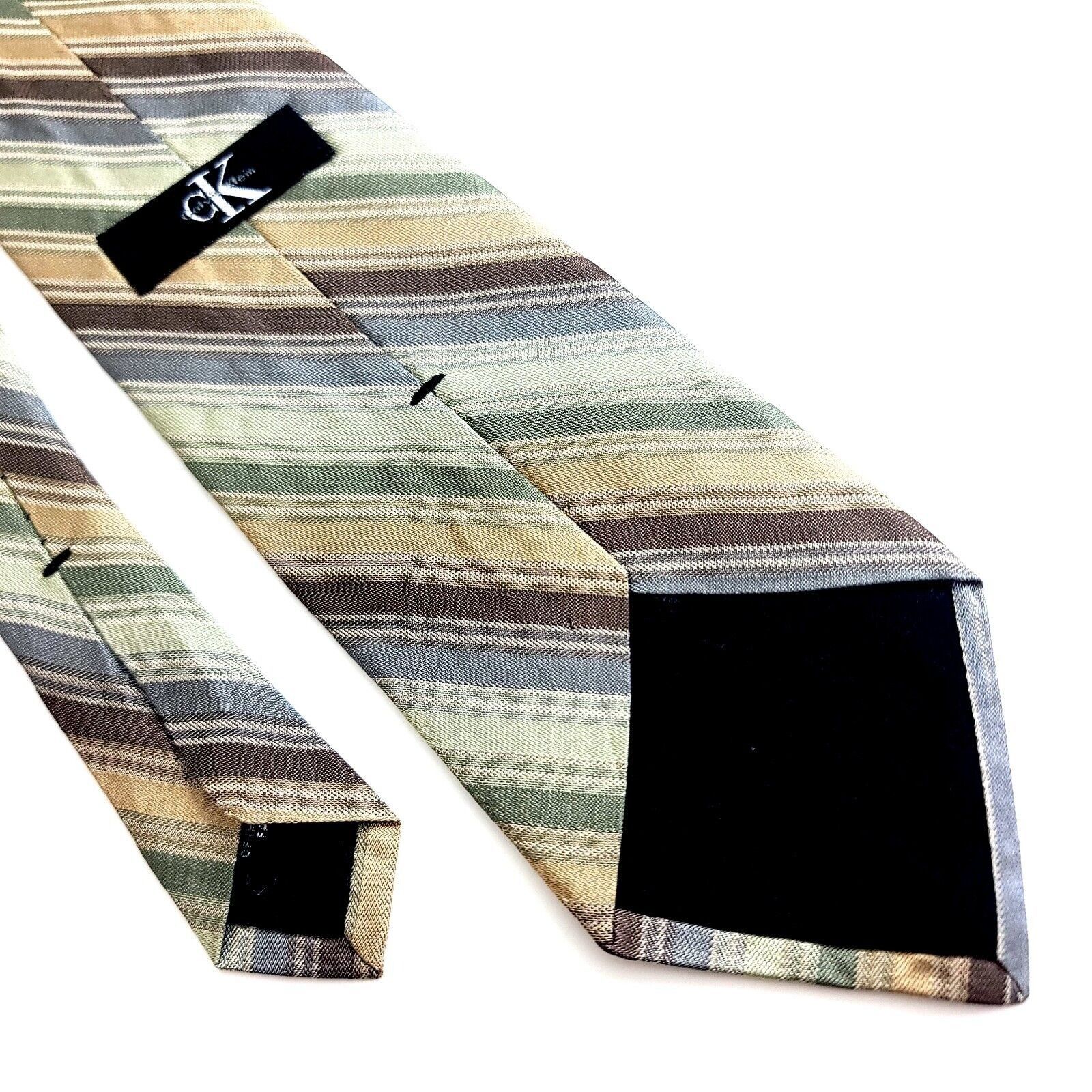 Calvin Klein Calvin Klein Green Tan Multi-Colored Woven Striped Silk Tie Size ONE SIZE - 5 Thumbnail