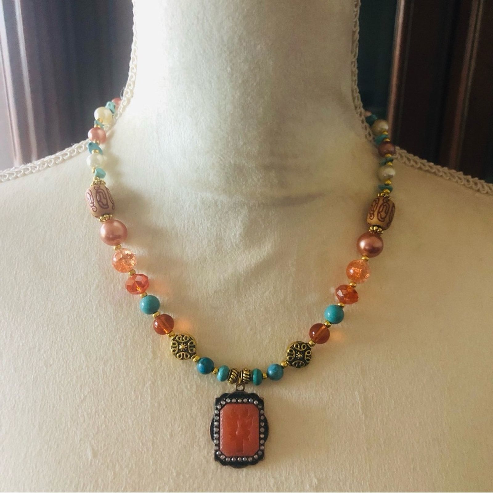 Handmade Handcrafted repurpose carved carnelian cameo necklace Size ONE SIZE - 2 Thumbnail