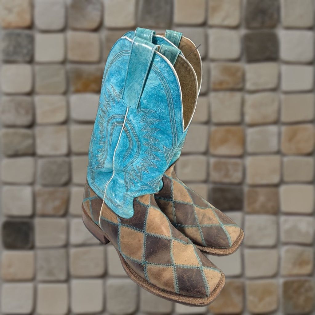 Anderson Beane HP Horsepower Boots Women Size 6 Turquois Patchwork Square Toe Western Leather Mid-Calf Block Heel
