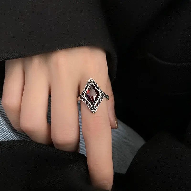 Jewelry Vintage Rhombus Design Red Garnet Stone Ring Size ONE SIZE - 5 Thumbnail