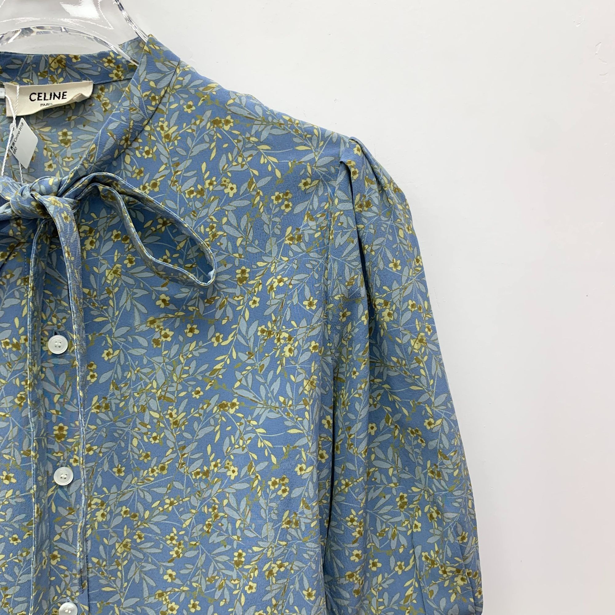 Celine Blue Floral Silk Bow Tie Short-Sleeved Shirt XS