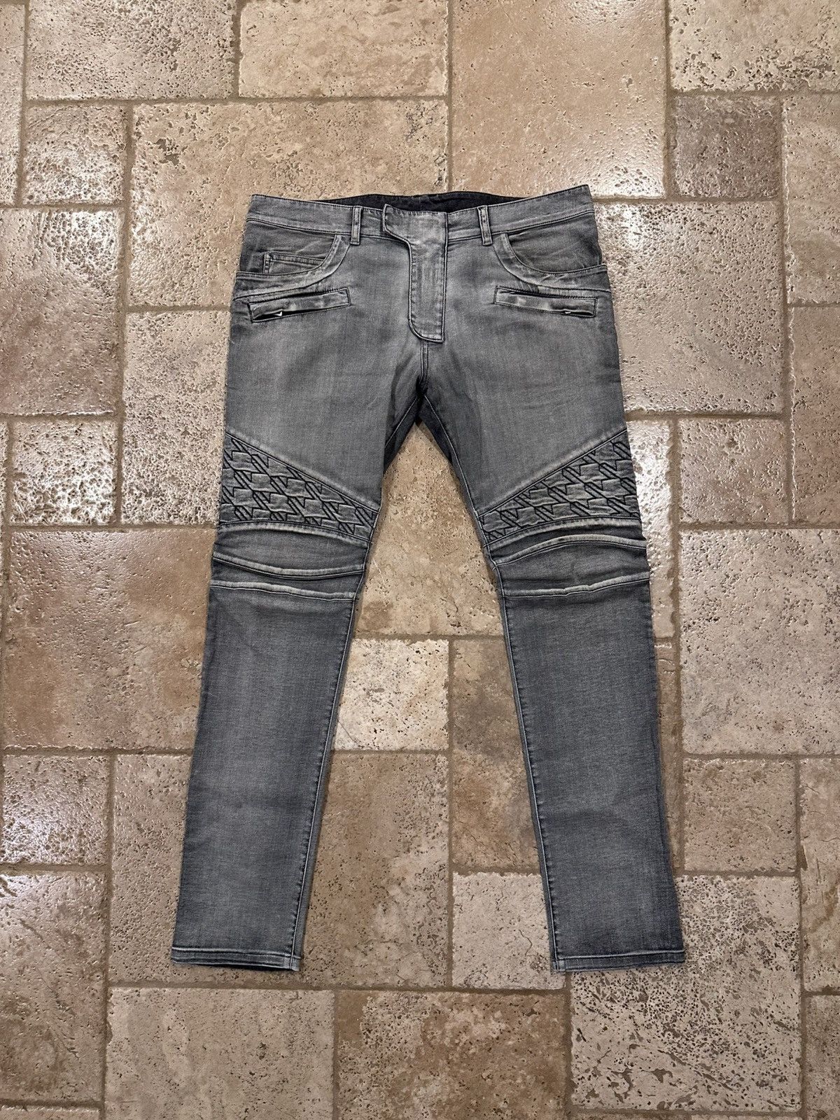 Balmain Balmain OG Grey Wash Houndstooth / Stars Biker Denim Jeans Size US 34 / EU 50 - 1 Thumbnail