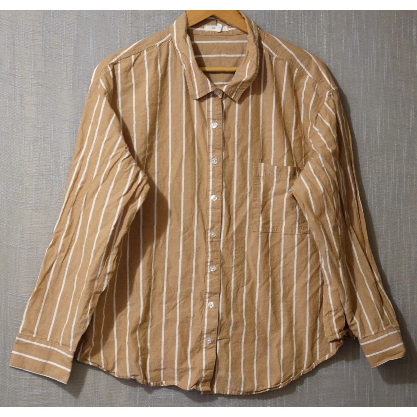 Vintage Maurices Tan/White Stripe Button Up Shirt 100% Cotton Womens XXL Blouse Casual Workwear Shirt Womens XXXL? Size XXL / US 16-18 / IT 52-54 - 2 Thumbnail