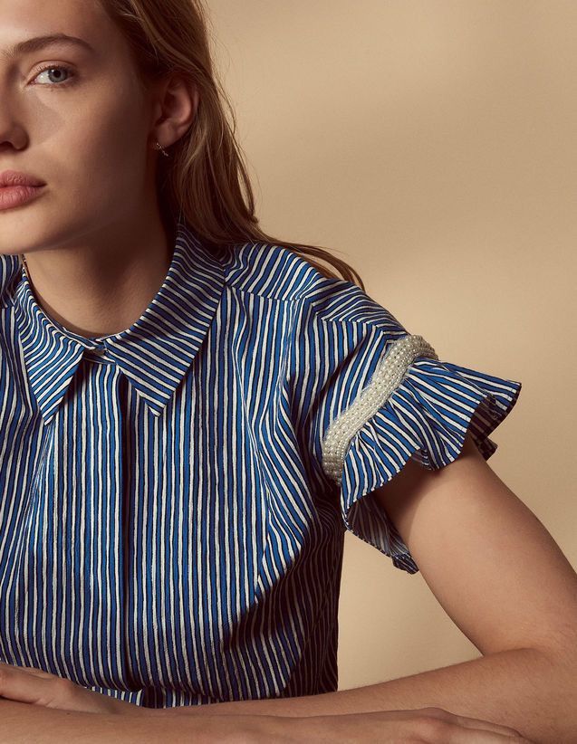 Sandro SANDRO Erine Blue Striped Ruffled-sleeve Shirt Blouse S Size S / US 4 / IT 40 - 3 Thumbnail
