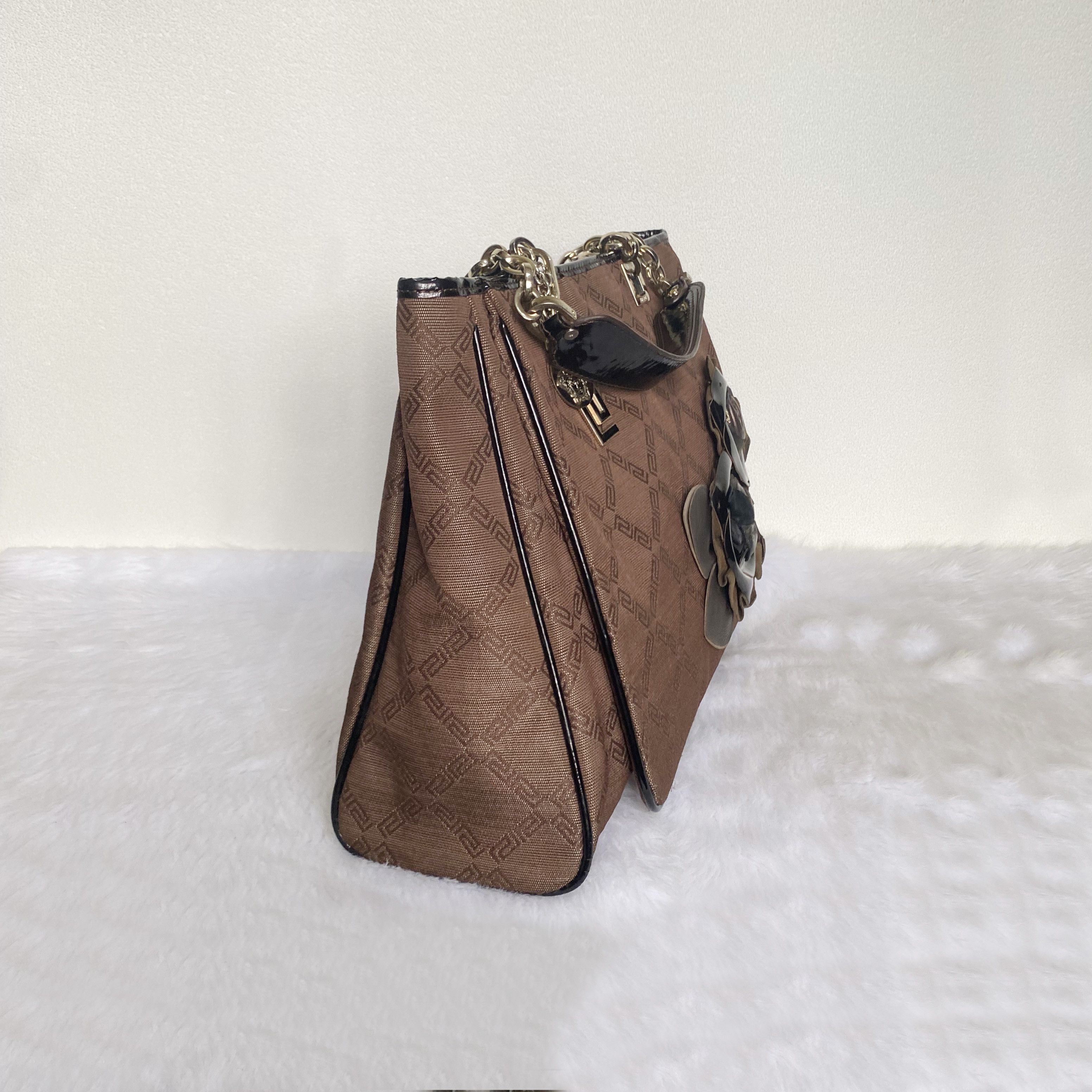 Versace Vintage Brown Black Greco Monogrammed Flower Applique Bag Size ONE SIZE - 2 Thumbnail