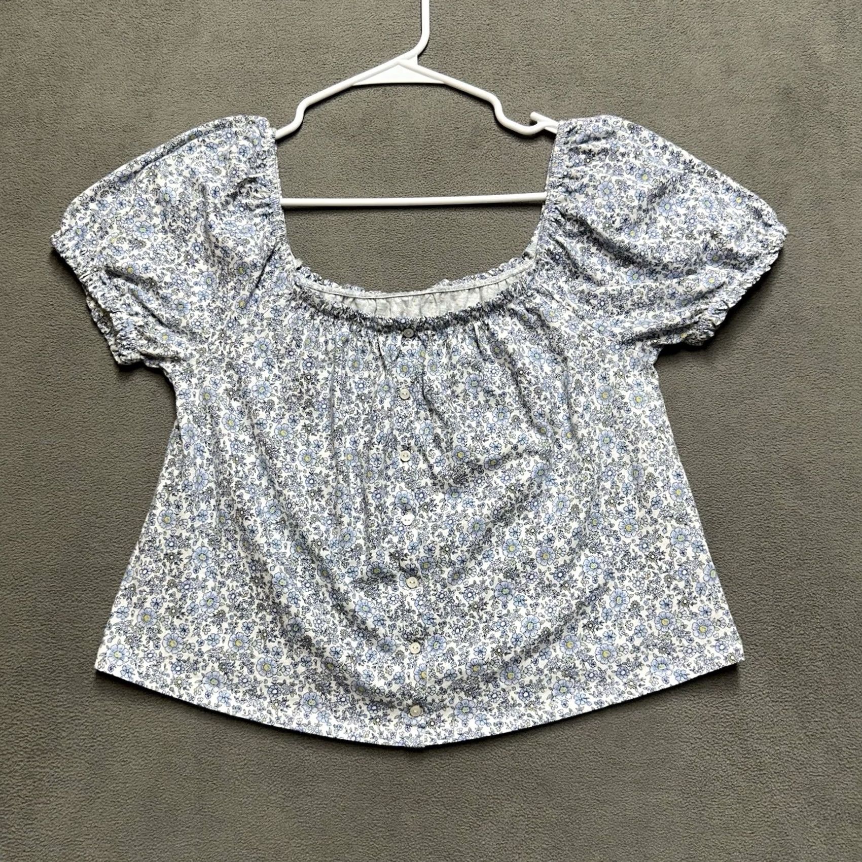 American Eagle Outfitters American Eagle Blouse Womens M Blue White Floral Print Puff Sleeve Square Neck Y2K Cottage Fairy Size M / US 6-8 / IT 42-44 - 2 Thumbnail