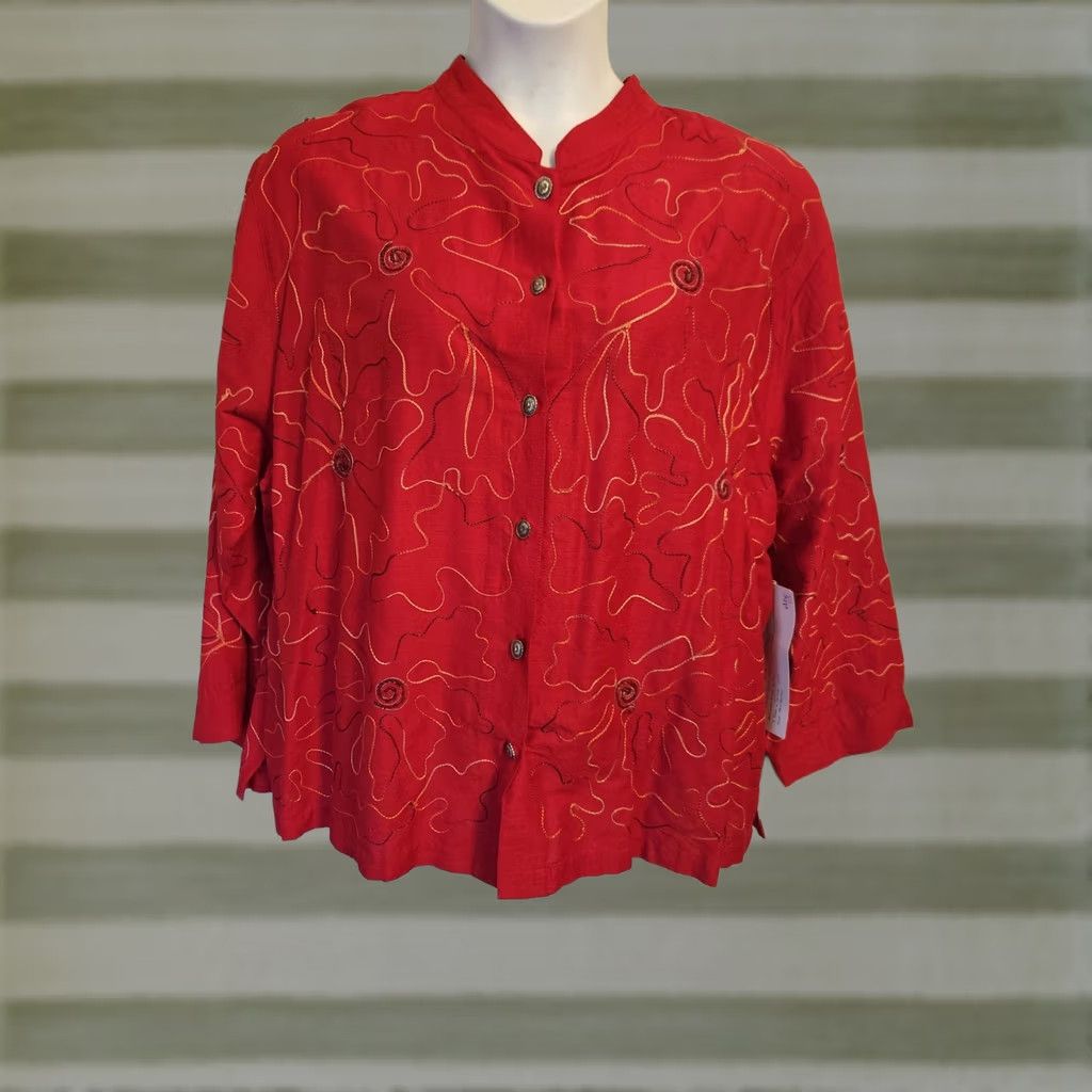 Vintage Tantrums Jacket Red Silk Blend Embroidered 2X Women Blazer, Plus Size, Dry Clean Only, Buttonless? (Note: Original did not specify buttons) Size XXL / US 16-18 / IT 52-54 - 1 Thumbnail