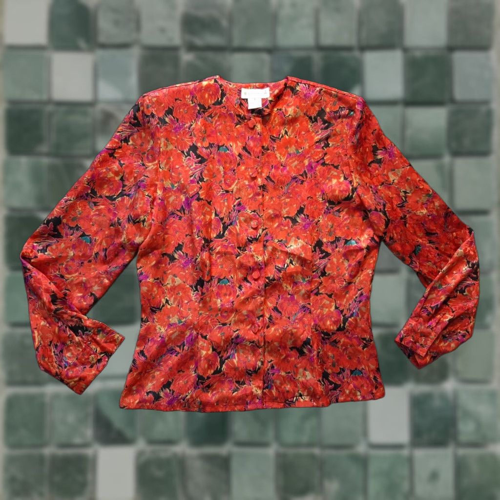 Vintage VINTAGE E.J. HARPER Women's Blouse Red Floral Long Sleeve Button Up Size 6 Padded Shoulders SLV Size M / US 6-8 / IT 42-44 - 1 Thumbnail