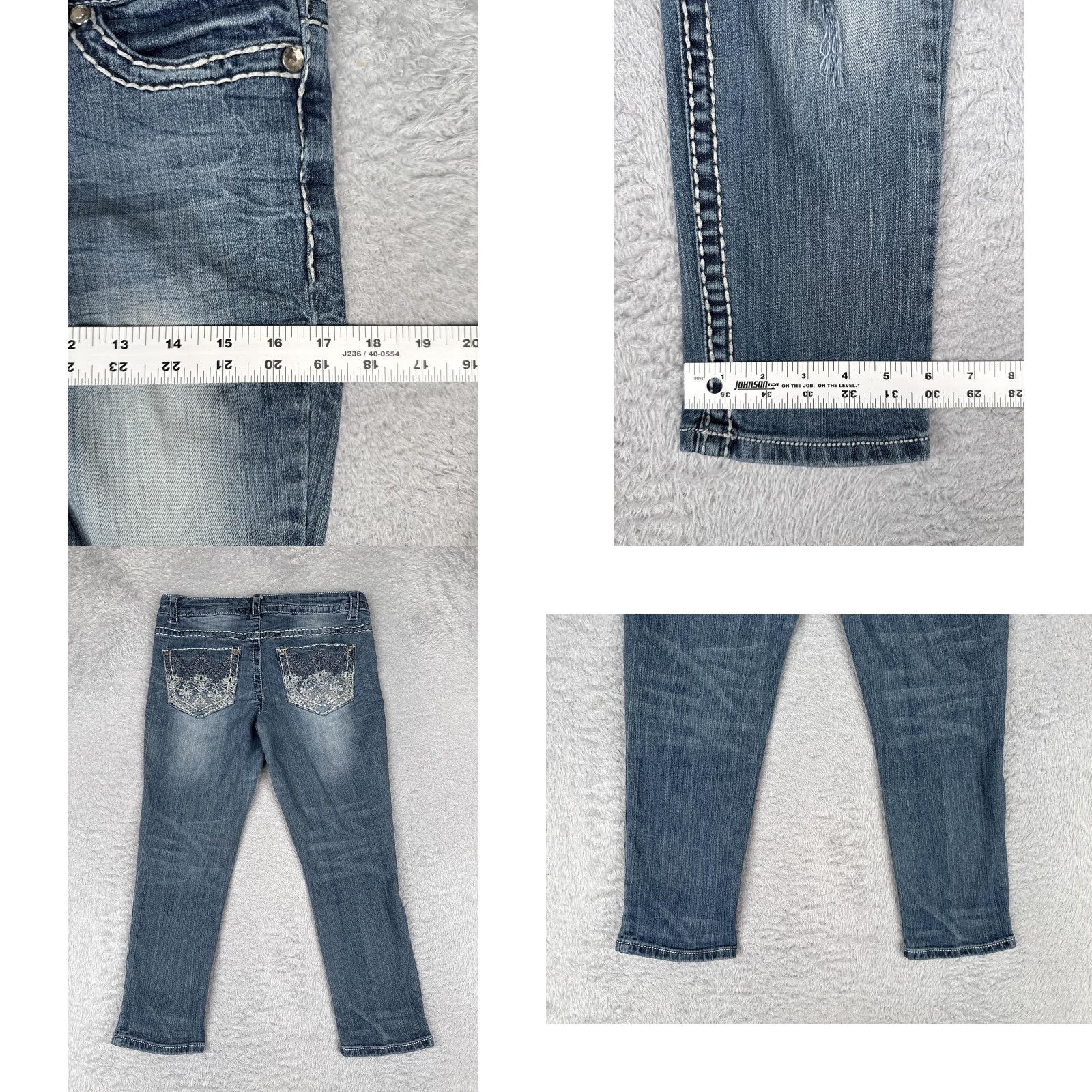 Denime Paisley Sky Jeans Women 8 Capri Blue Distressed Lace Denim 30x24 Mid Rise 5-Pocket Studded Embroidered Cotton Blend Spandex Pattern Solid Size 30" / US 8 / IT 44 - 9 Thumbnail