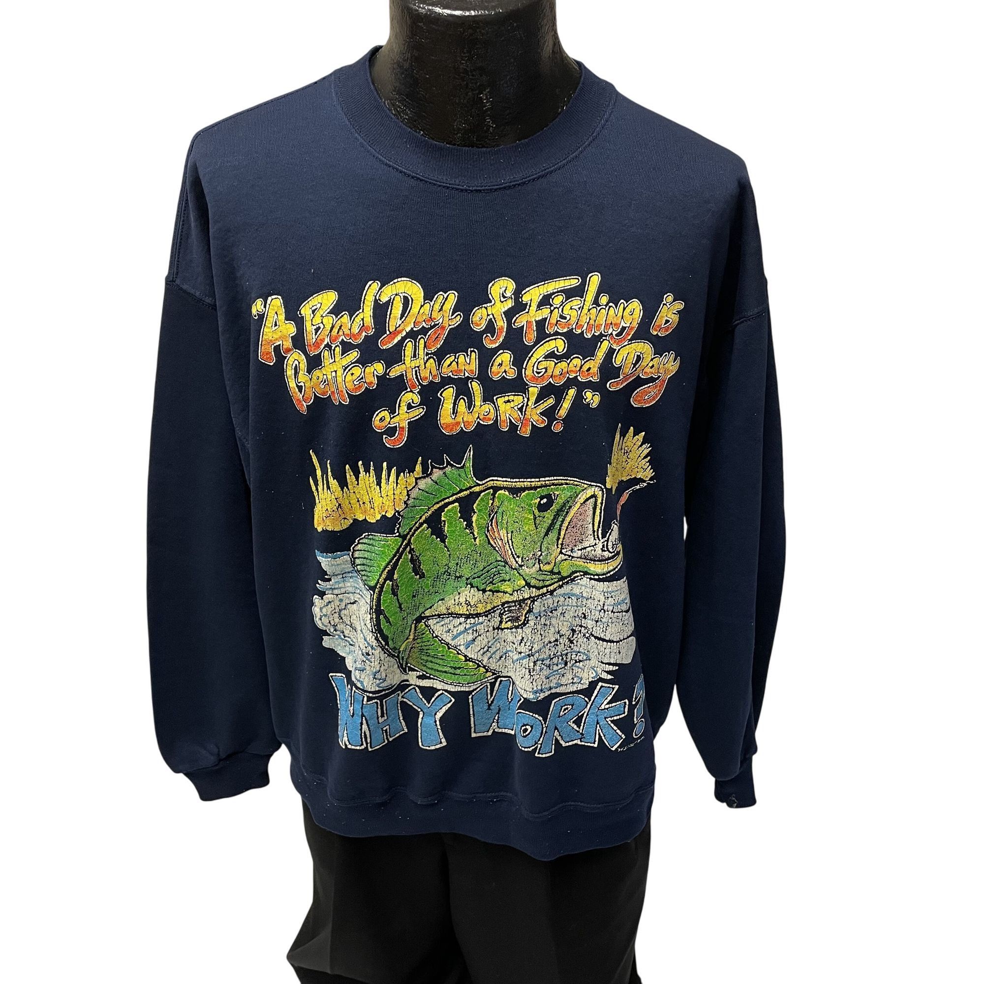 Vtg Russell Athletic FISH Why WORK Big MOUTH BASS Sweatshirt