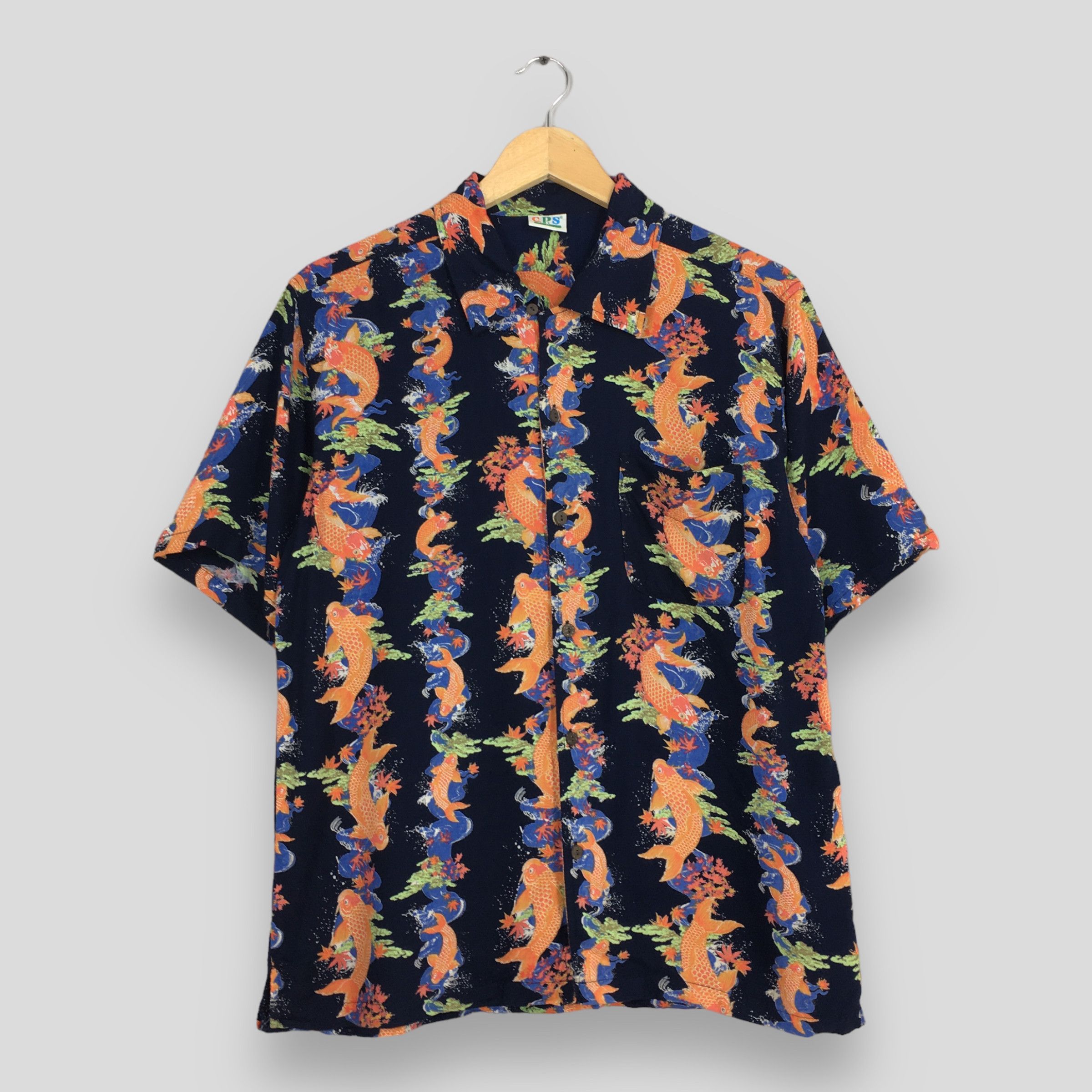 image of Aloha Wear x Made In Hawaii Vintage Hawaiian Japanese Koi Fish Printed Rayon Shirt (Size Medium)