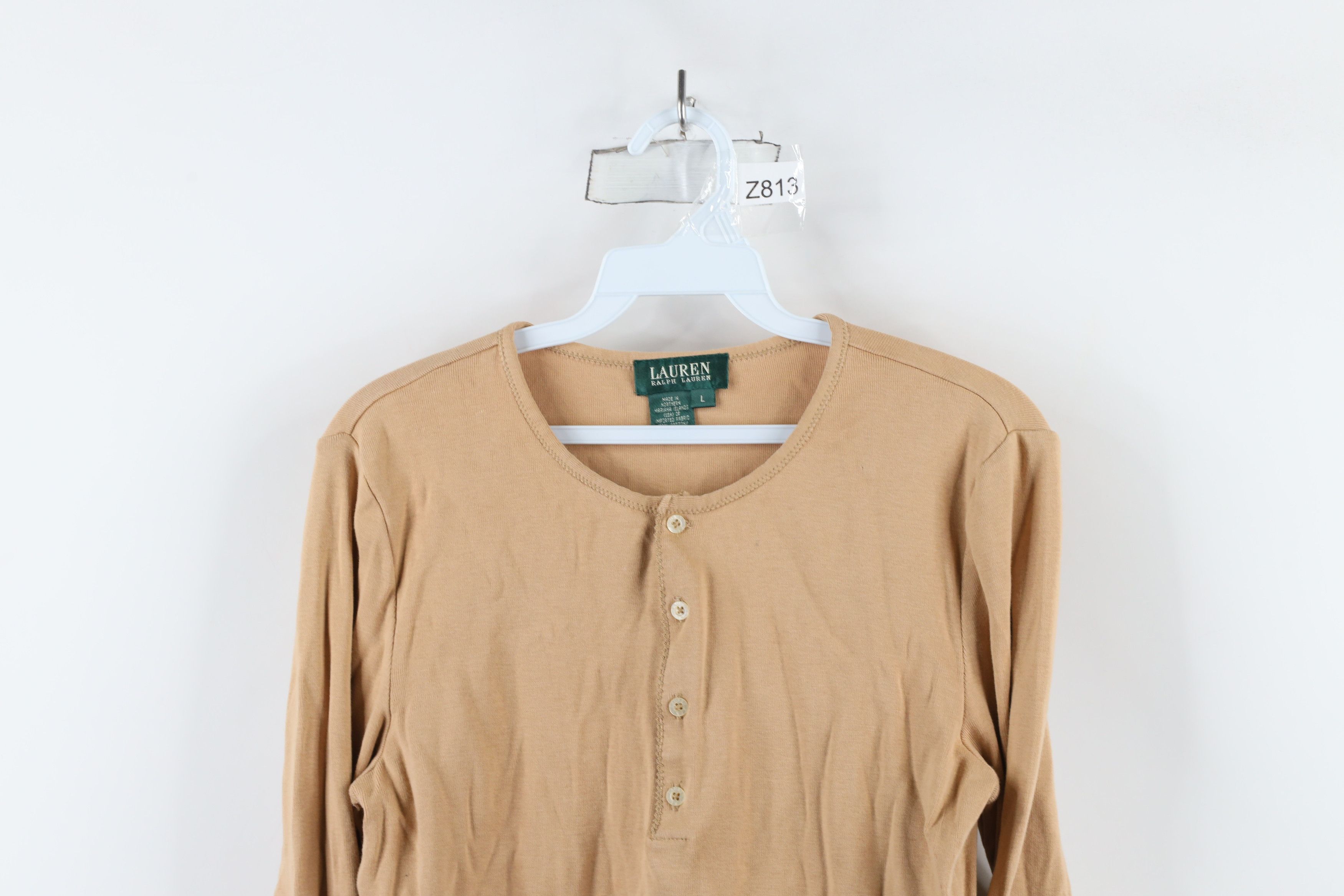 Ralph Lauren × Vintage Vintage 90s Ralph Lauren Knit Henley T-Shirt Beige USA Size L / US 10 / IT 46 - 2 Thumbnail