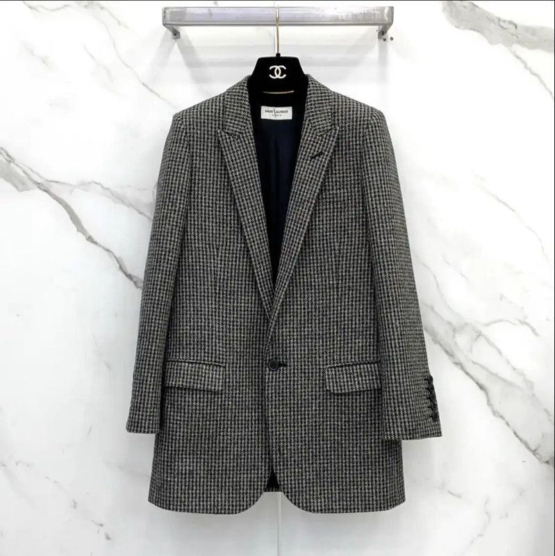 Yves Saint Laurent YSL Black Wool Checkered Women's Jacket 0089 Size S / US 4 / IT 40 - 1 Thumbnail