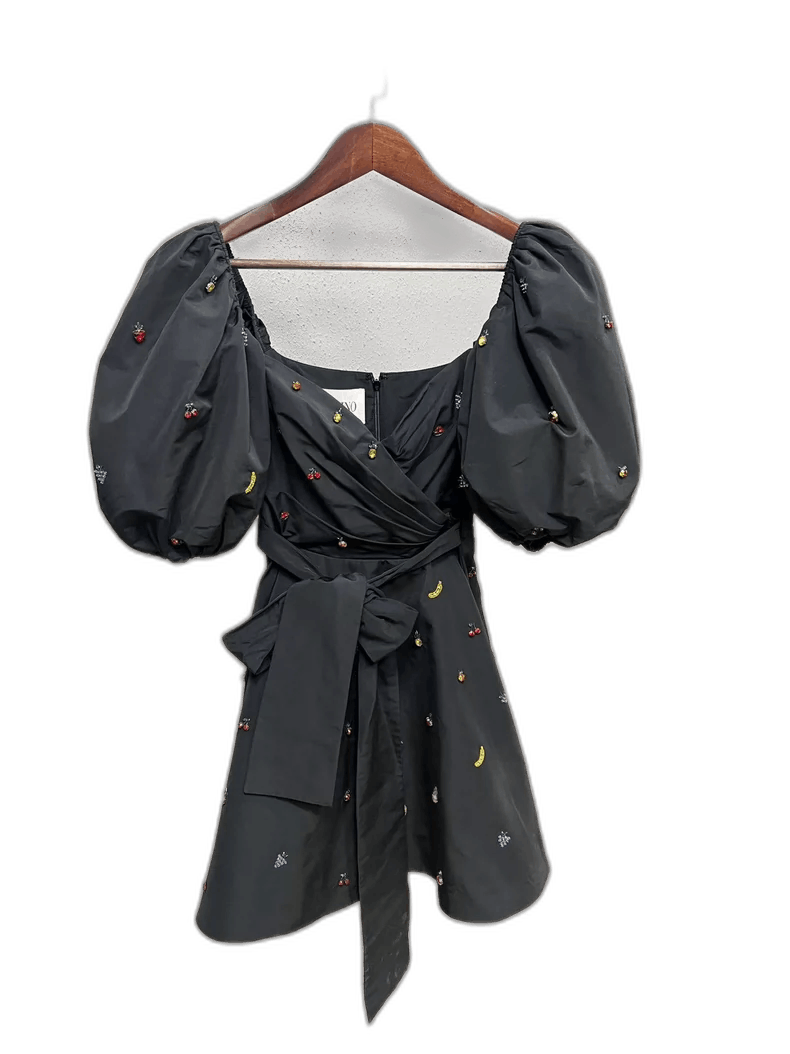Valentino Black Fruit Embellished Puff Sleeve Dress Size M / US 6-8 / IT 42-44 - 1 Thumbnail