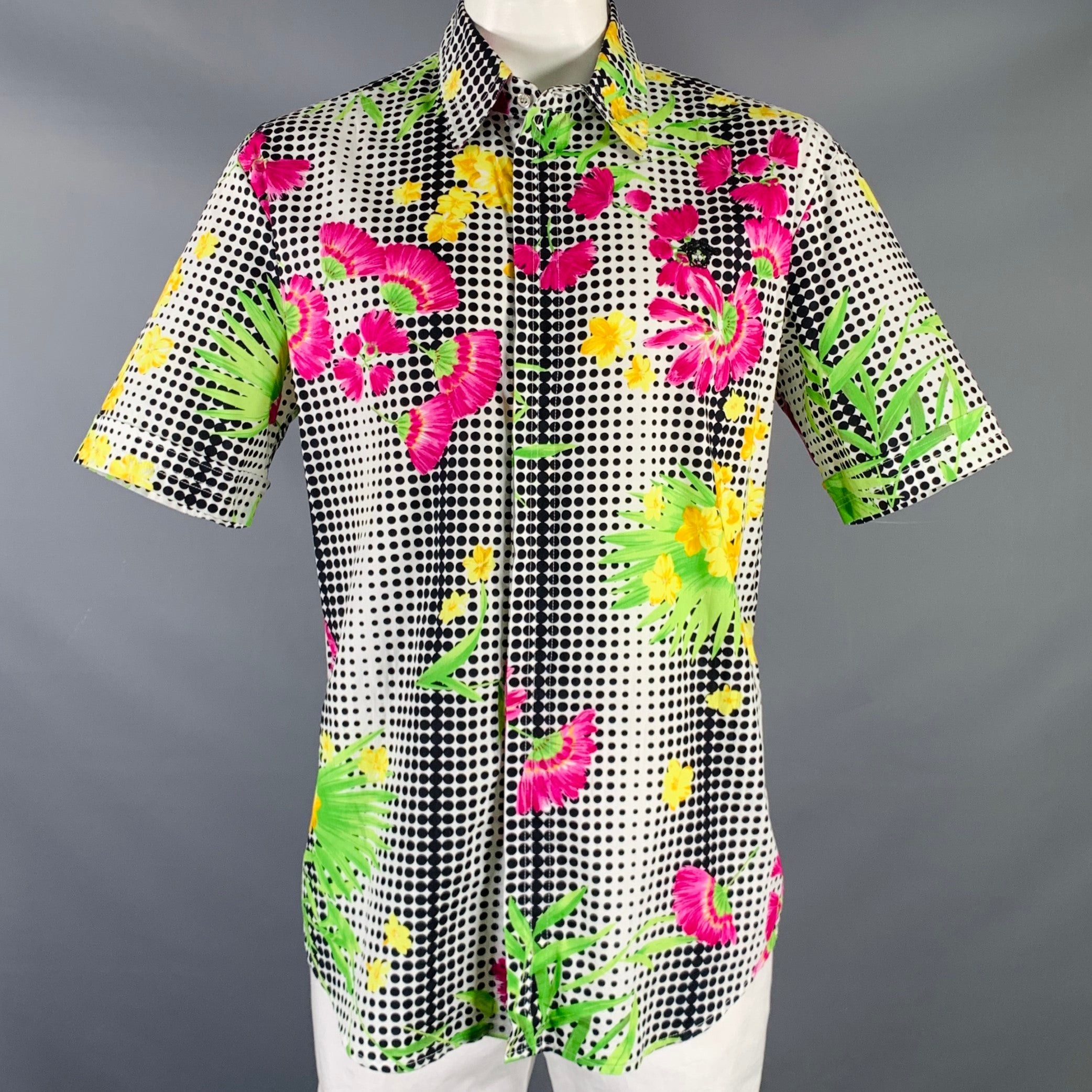 image of Versace Jeans Couture White Multi Color Print Cotton Short Sleeve Shirt, Men's (Size 2XL)