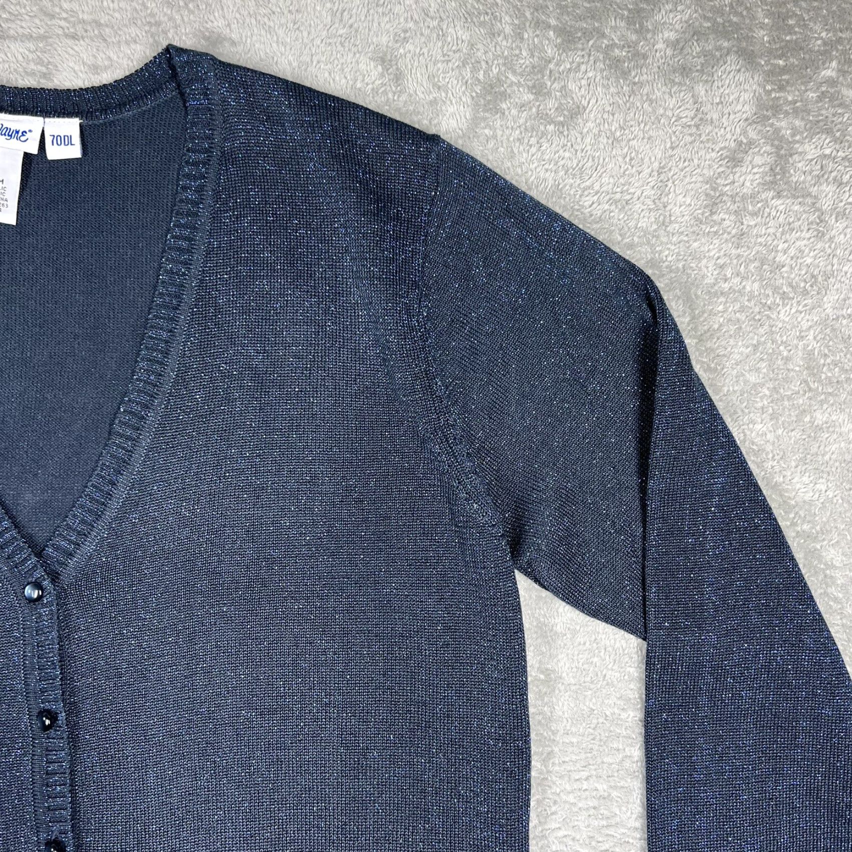 Vintage Vicki Wayne Cardigan Sweater Women’s Medium Navy Blue Glitter Shimmer Open V-Neck Long Sleeve Knit Slub Open Closure Everyday Size M / US 6-8 / IT 42-44 - 3 Thumbnail