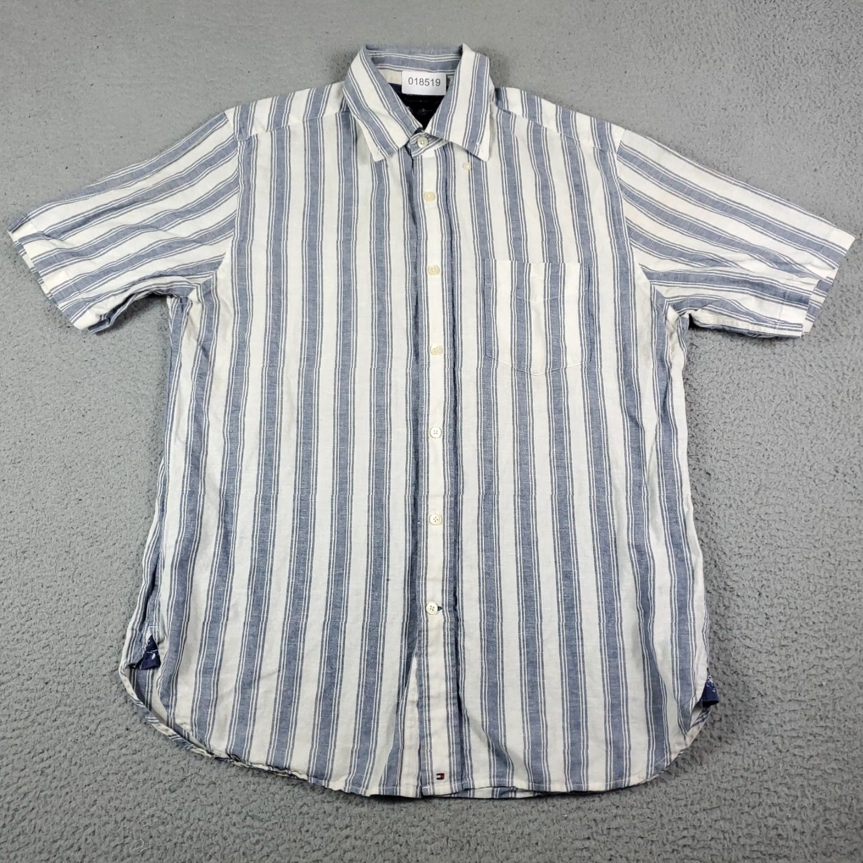 Tommy Hilfiger VINTAGE Tommy Hilfiger Shirt Mens Medium Blue Striped Button-Up Short Sleeve STAINED - Cotton, Classic, Preppy, TH Logo, 90s Era Mens Shirt Size US M / EU 48-50 / 2 - 2 Thumbnail
