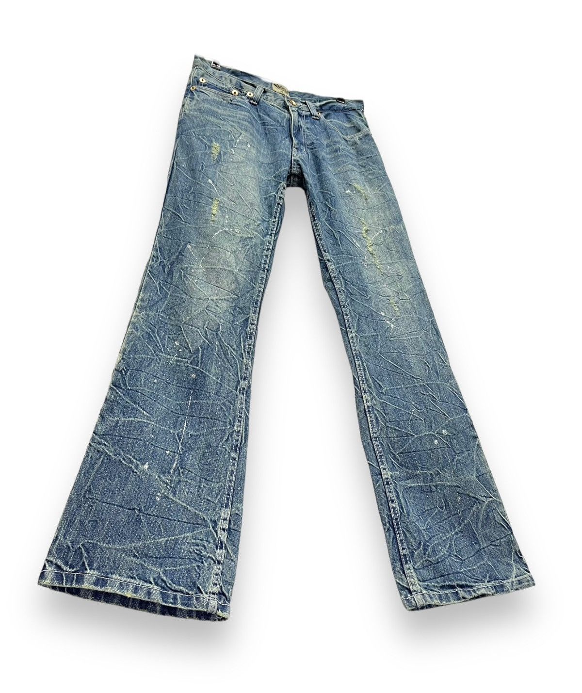 Japanese Brand NYLAUS Punk Whiskered Distressed Glitter Splash FLARE Denim Size US 30 / EU 46 - 4 Thumbnail