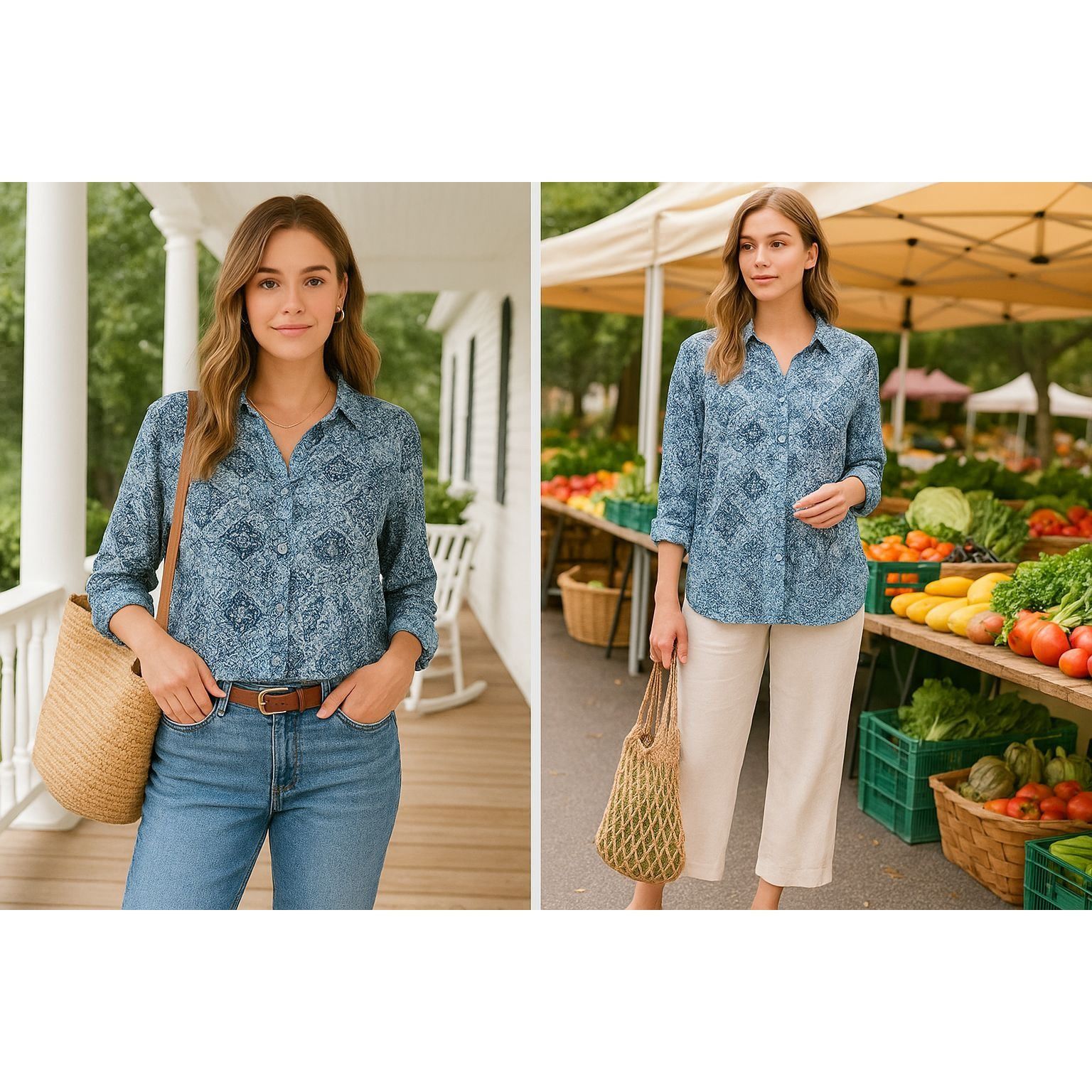 J. Jill J. Jill Women’s Blue Print Top L Button Down Boho Chic Coast Size L / US 10 / IT 46 - 1 Thumbnail