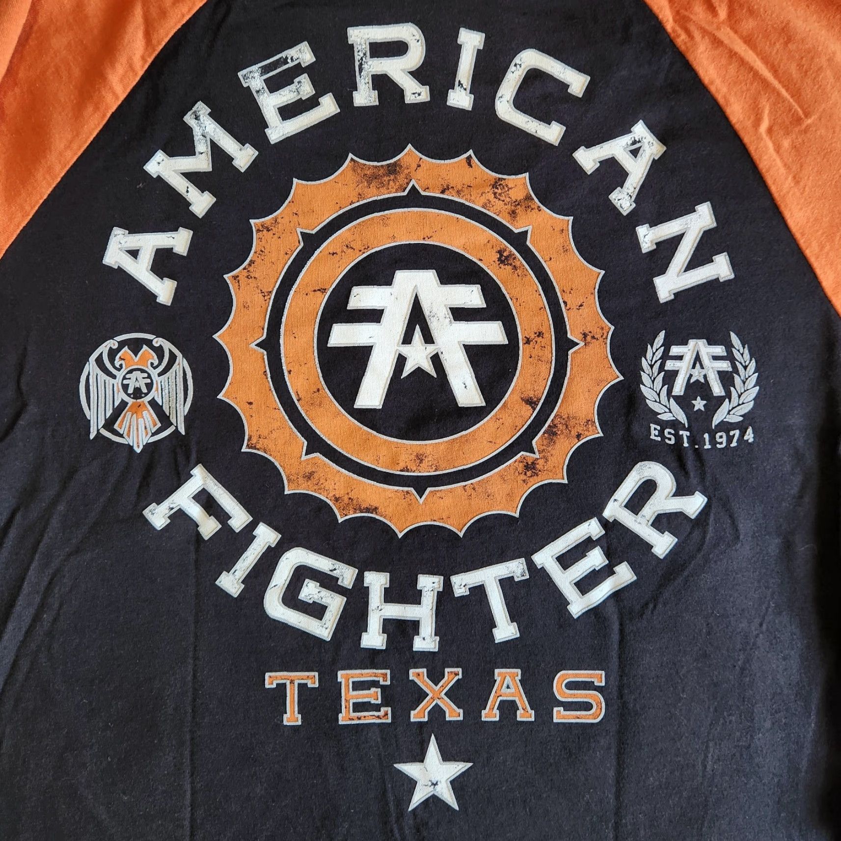 Vintage American Fighter Affliction Texas Rally Lrg Black Orange Raglan Graphic T-Shirt Size L / US 10 / IT 46 - 5 Thumbnail
