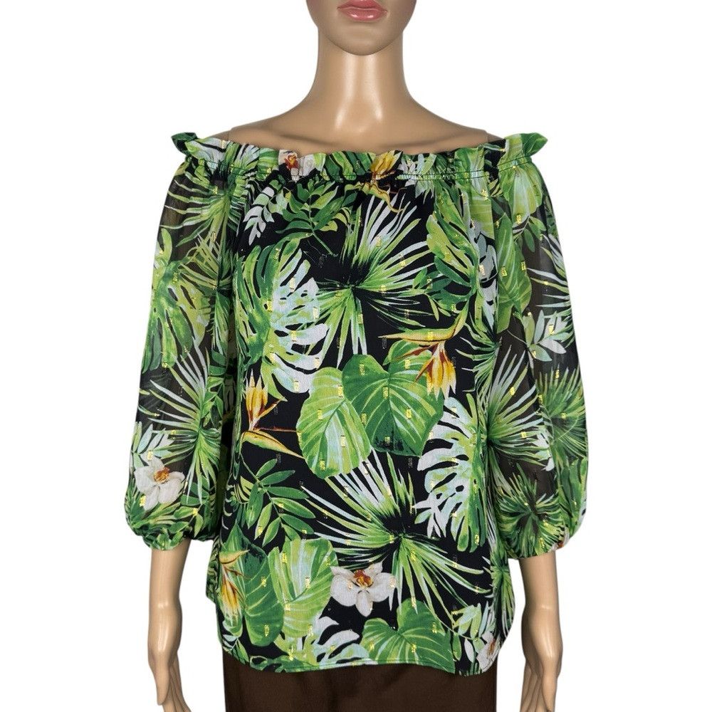 White House Black Market White House Black Market Off Shoulder Green Tropical Print Size S / US 4 / IT 40 - 2 Thumbnail