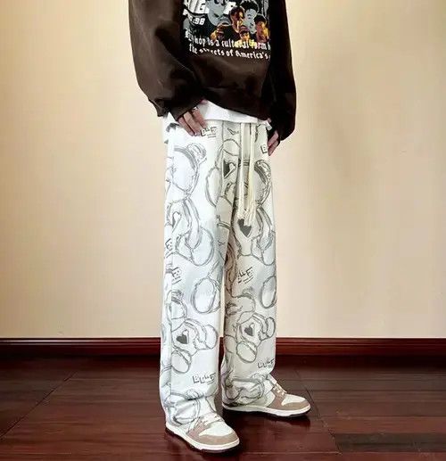Designer × Japanese Brand × Vintage Punkrock Abstract Bear Print Drawstring Wide Leg Pants Size US 31 - 1 Thumbnail