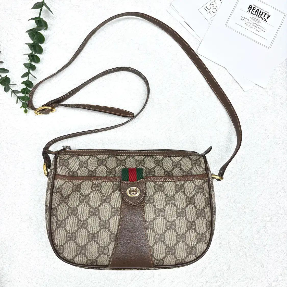 Gucci Khaki Coated Canvas Monogram Stripe Webbing Crossbody Bag in Beige, Women's