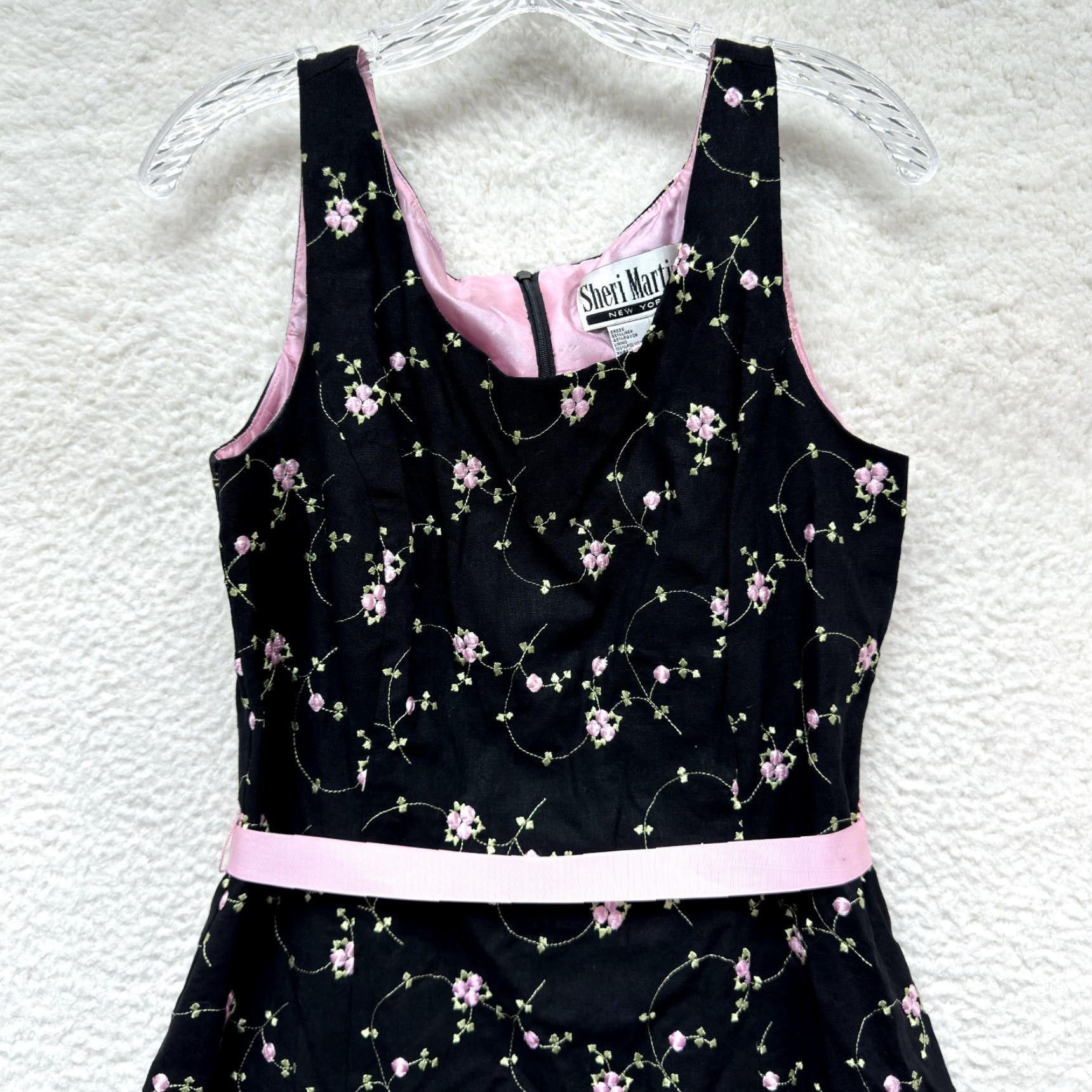 Vintage VINTAGE 90s Y2K A-Line Midi Dress Black Pink Floral Linen Blend Empire Large 10 Girls? Size L / US 10 / IT 46 - 3 Thumbnail