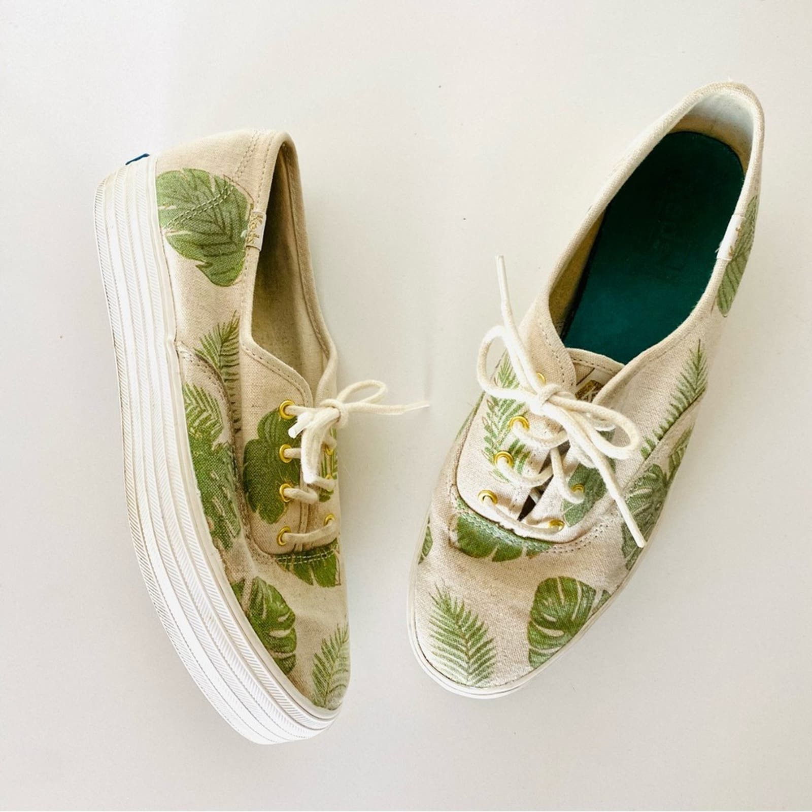 Anthropologie ANTHROPOLOGIE KEDS Cream Green Palm Leaf Platform Sneakers Size US 8.5 / IT 38.5 - 1 Preview