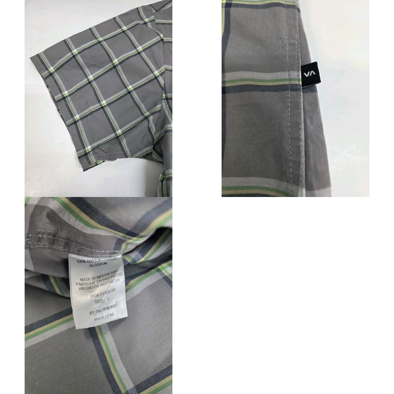 RVCA RVCA Mens Short Sleeve Snap Grey/Green Checkered Shirt Size Large Cotton #7791 Size US L / EU 52-54 / 3 - 8 Thumbnail