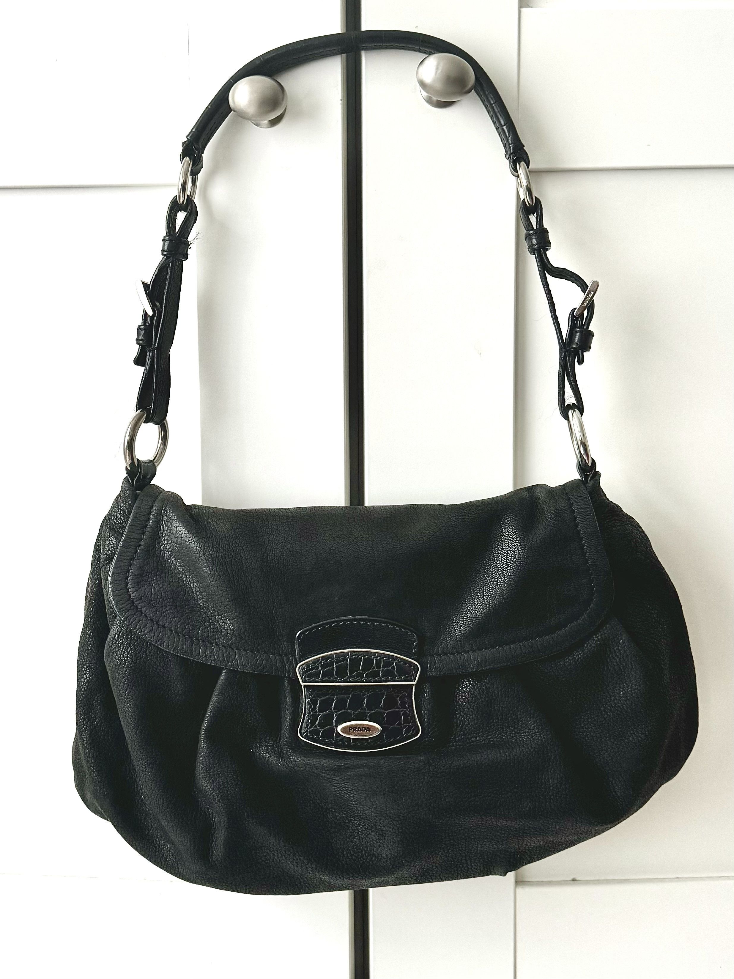 image of Vintage Prada Black Handbag Shoulderbag Leather 90's Bag, Women's