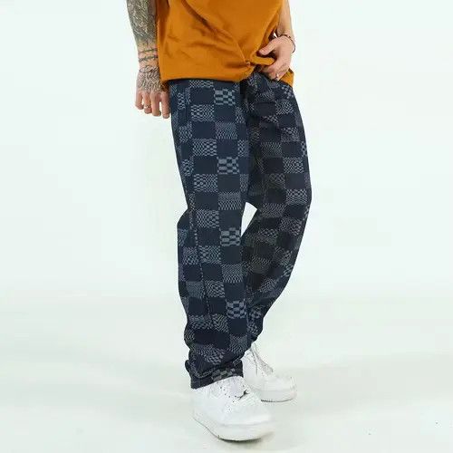 image of Check Pattern Graphic Blue Denim Jeans, Men's (Size 32)