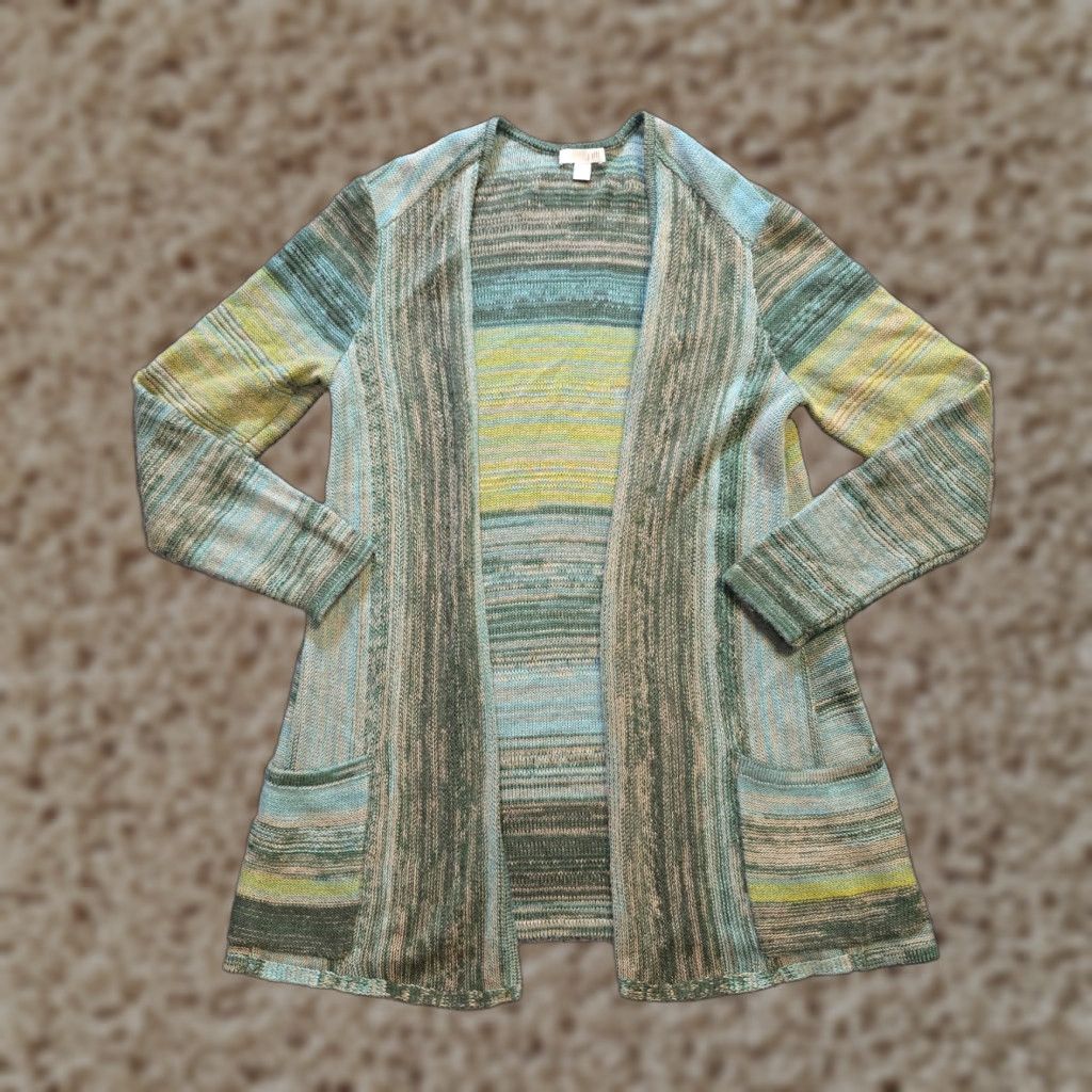 J. Jill J. Jill Sweater Cardigan Womens Size S Green Striped Open Pockets Capsule Style Regular Knit Sleeve Long Size S / US 4 / IT 40 - 1 Thumbnail