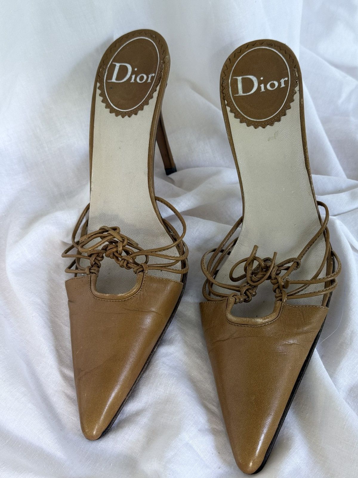 Dior Dior Leather Caramel/Camel Laced Mules Sandals Heels Size US 6.5 / IT 36.5 - 3 Thumbnail