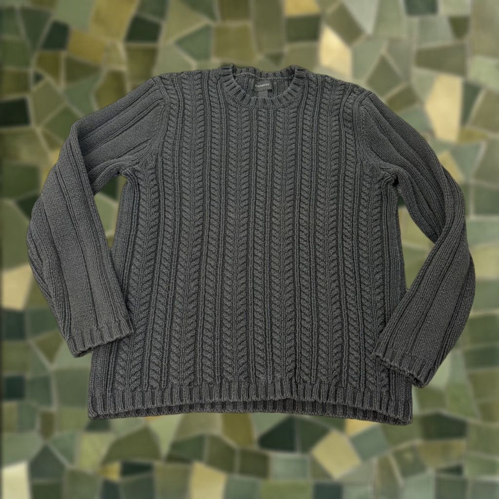 Express Express Mens XL Gray Cable-Knit Crewneck Pullover Sweater, Acrylic Cotton Blend, Ribbed, Pullover, Knit, Solid, 60 Day Return Policy, Ships Fast Size US XL / EU 56 / 4 - 1 Thumbnail