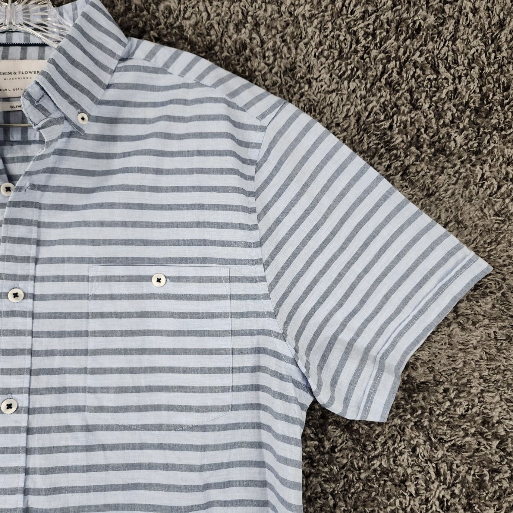 Denime DENIM & FLOWER Shirt Men Blue Striped Short Sleeve Button-Up Size L Regular Floral Theme Size US 33 - 3 Thumbnail