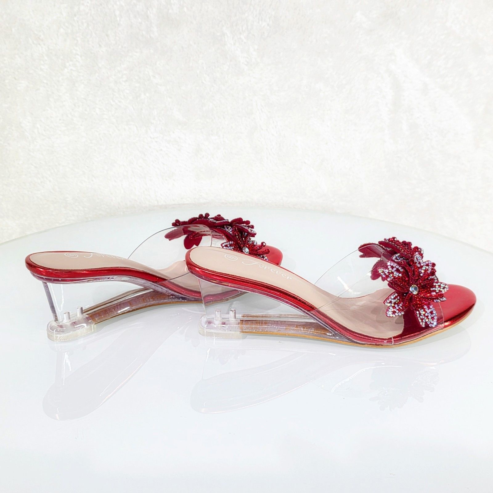 Other Eva Rhinestone Flower Red Slip On 2.5" Wedge Heel Casual Eve Size US 8 / IT 38 - 4 Thumbnail