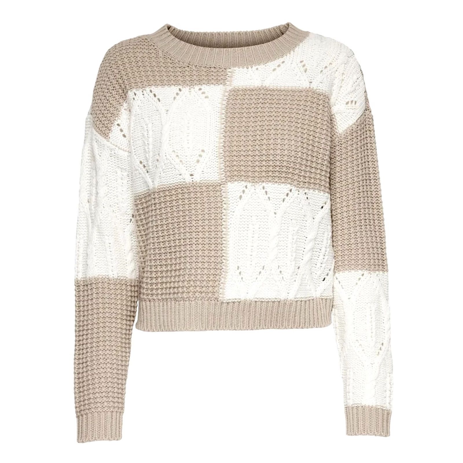 Vintage JDY Womens Jumper Beige White Large Cable Knit Crew Neck Pullover Patchwork Cosy Vintage No Woman Size L / US 10 / IT 46 - 3 Thumbnail